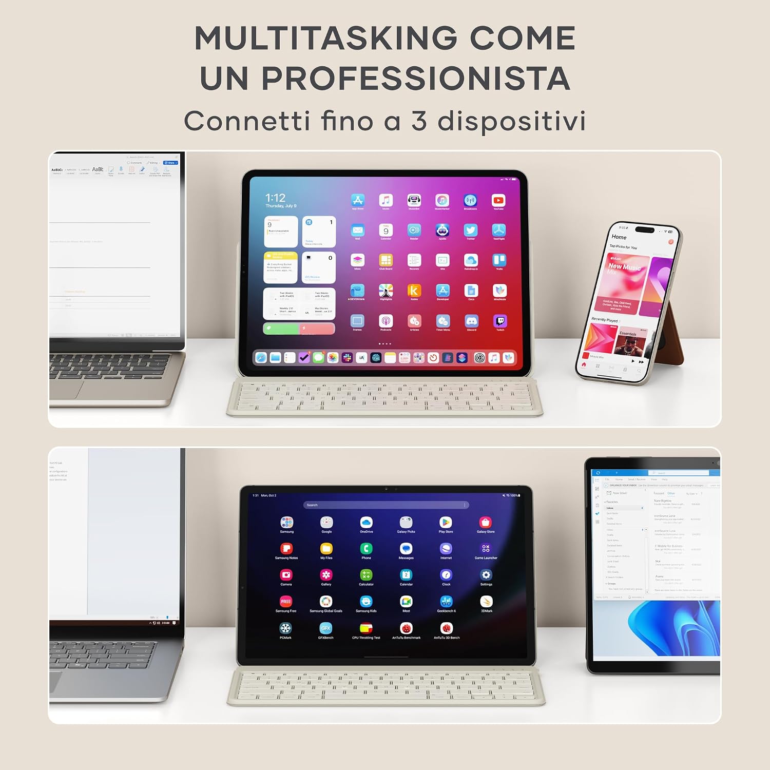 Detalle 2 de Satechi OntheGo™ Tastiera Wireless Bluetooth con Supporto Regolabile per iPad e Tablet, QWERTY US – fino a 3 dispositivi, Beige
