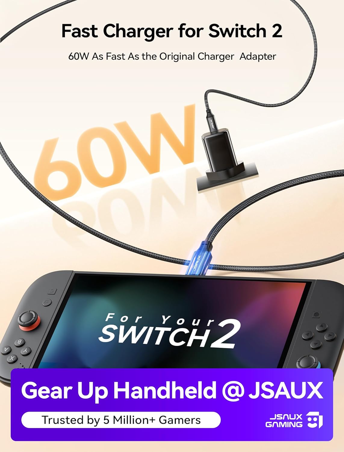 Thumbnail 1 de JSAUX 60W USB-C Charger for Nintendo Switch 2 (TV Mode, GaN) with 2M USB-C Cable