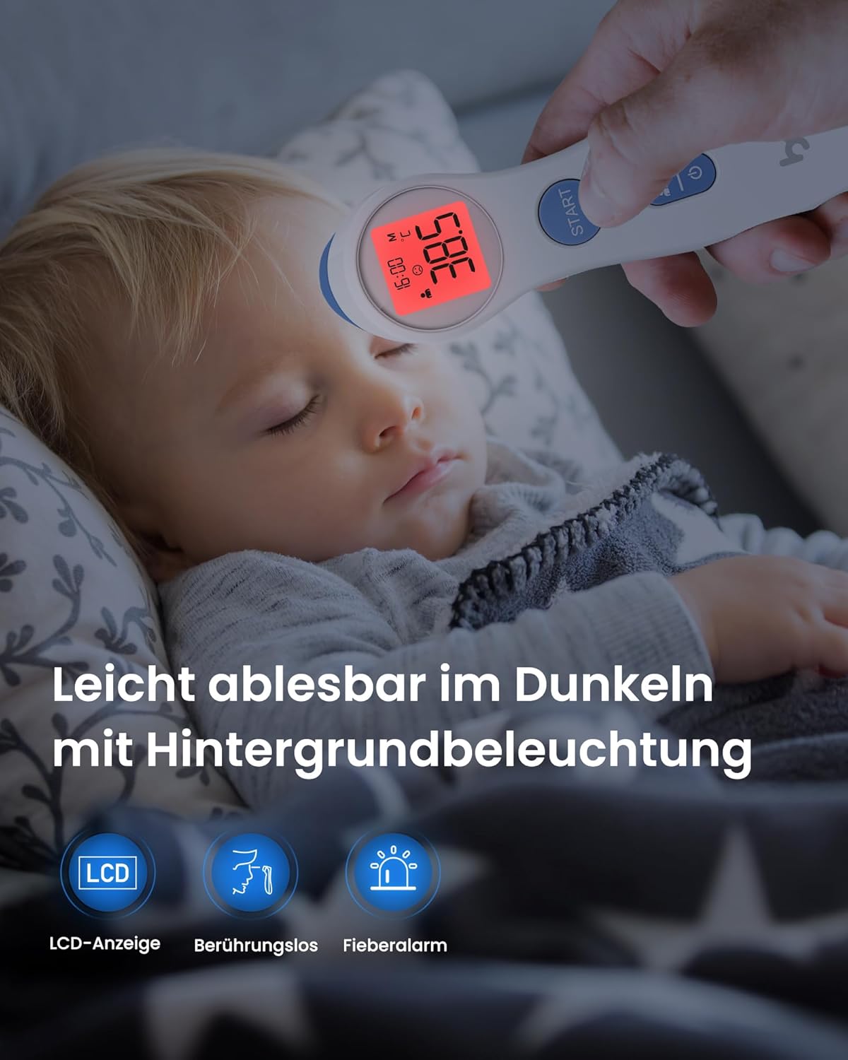 Detalle 2 de Kontaktloses Infrarot-Stirnthermometer für Babys, Kinder & Erwachsene – digitales Fieberthermometer mit Fieberalarm (weiß)