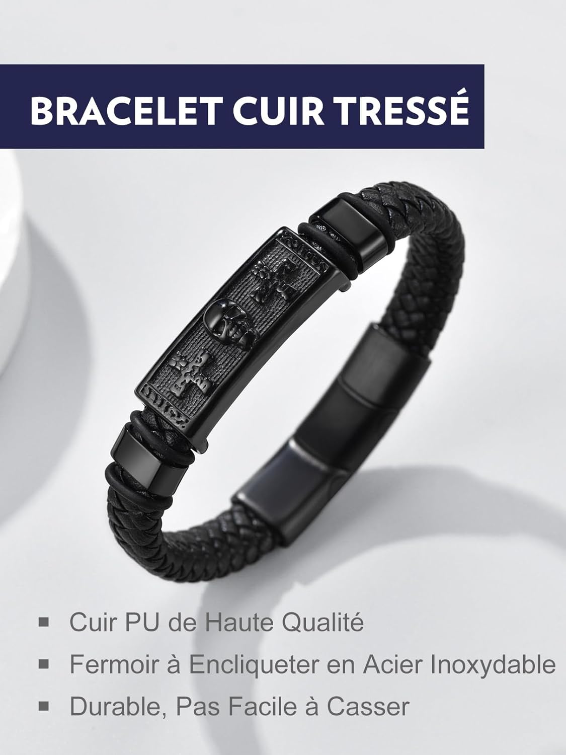 Thumbnail 3 de Bandmax bracelet homme en cuir PU tressé noir avec plaque acier inox motifs croix et crâne