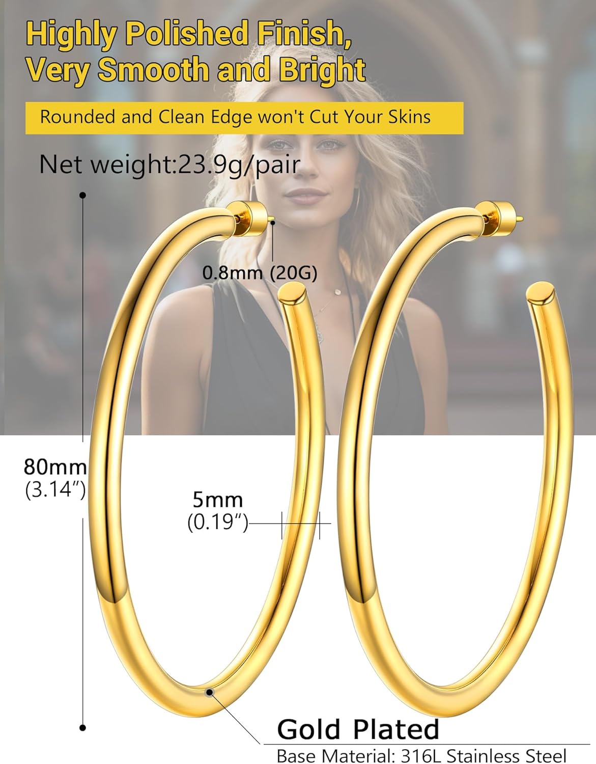 Thumbnail 5 de PROSTEEL Boucles d’oreilles demi-créoles ouvertes en acier inoxydable et plaqué or (anneaux 20/30/40/60/80 mm)