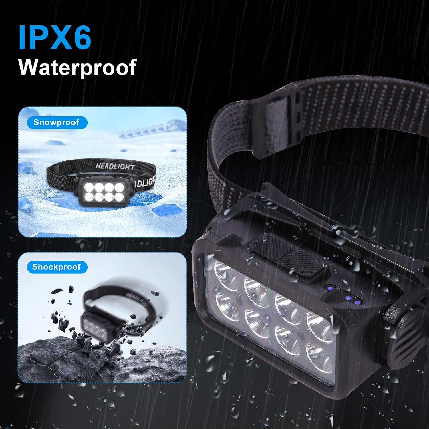 Detalle 2 de Yoxovo set van 2 oplaadbare led-hoofdlampen, 2500 lumen en IPX6