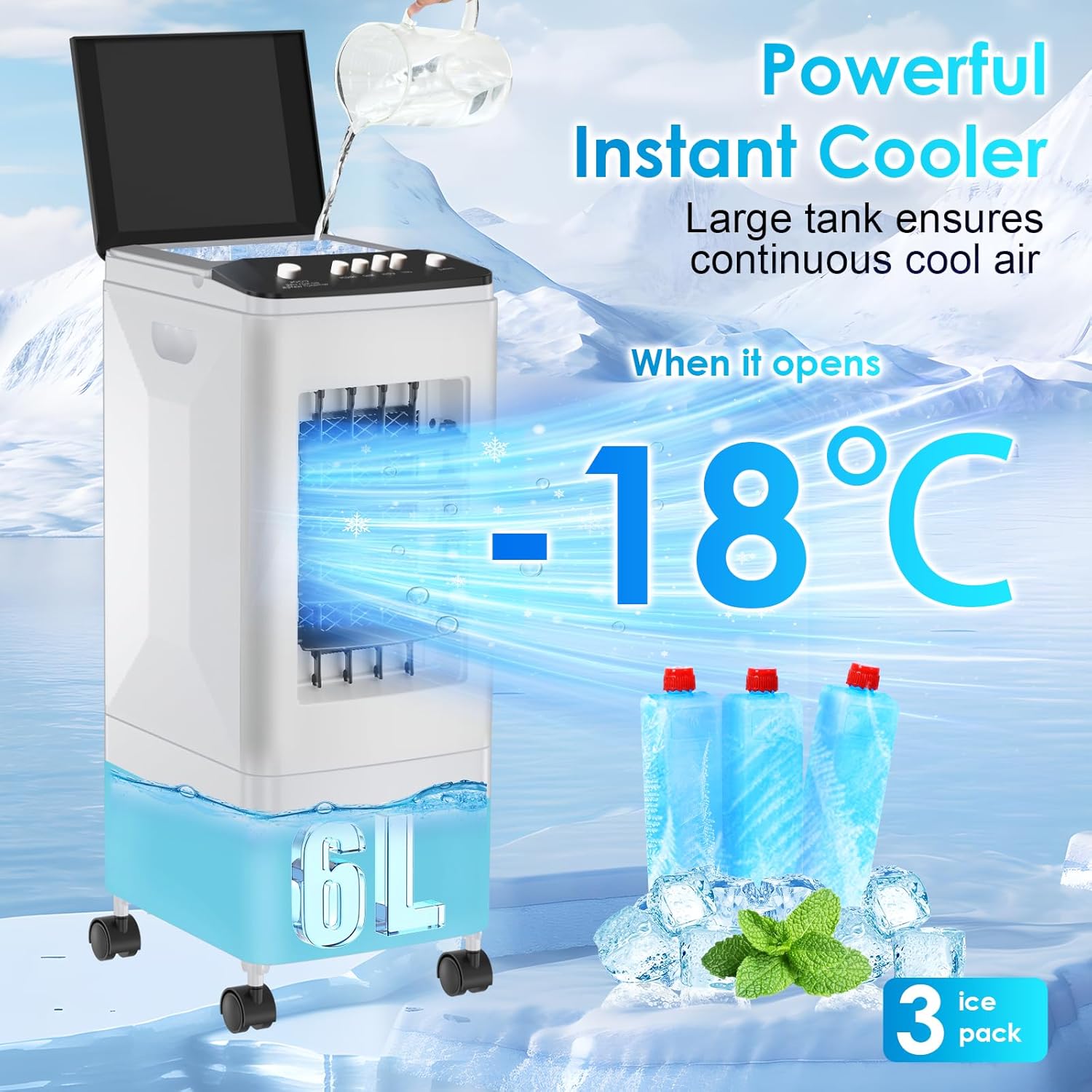 Thumbnail 1 de Portable Air Cooler Fan: 3-in-1 Evaporative Cooling with 6L Tank, Ice Packs and Quiet 60W Operation