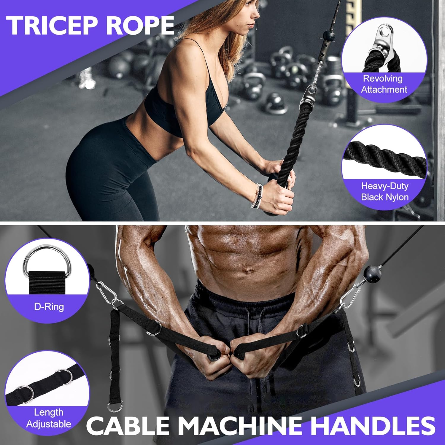 Detalle 2 de Turakun Cable Machine Attachments Set: LAT Pulldown Bar, Double D Handles, Tricep Rope & More for Home Gym