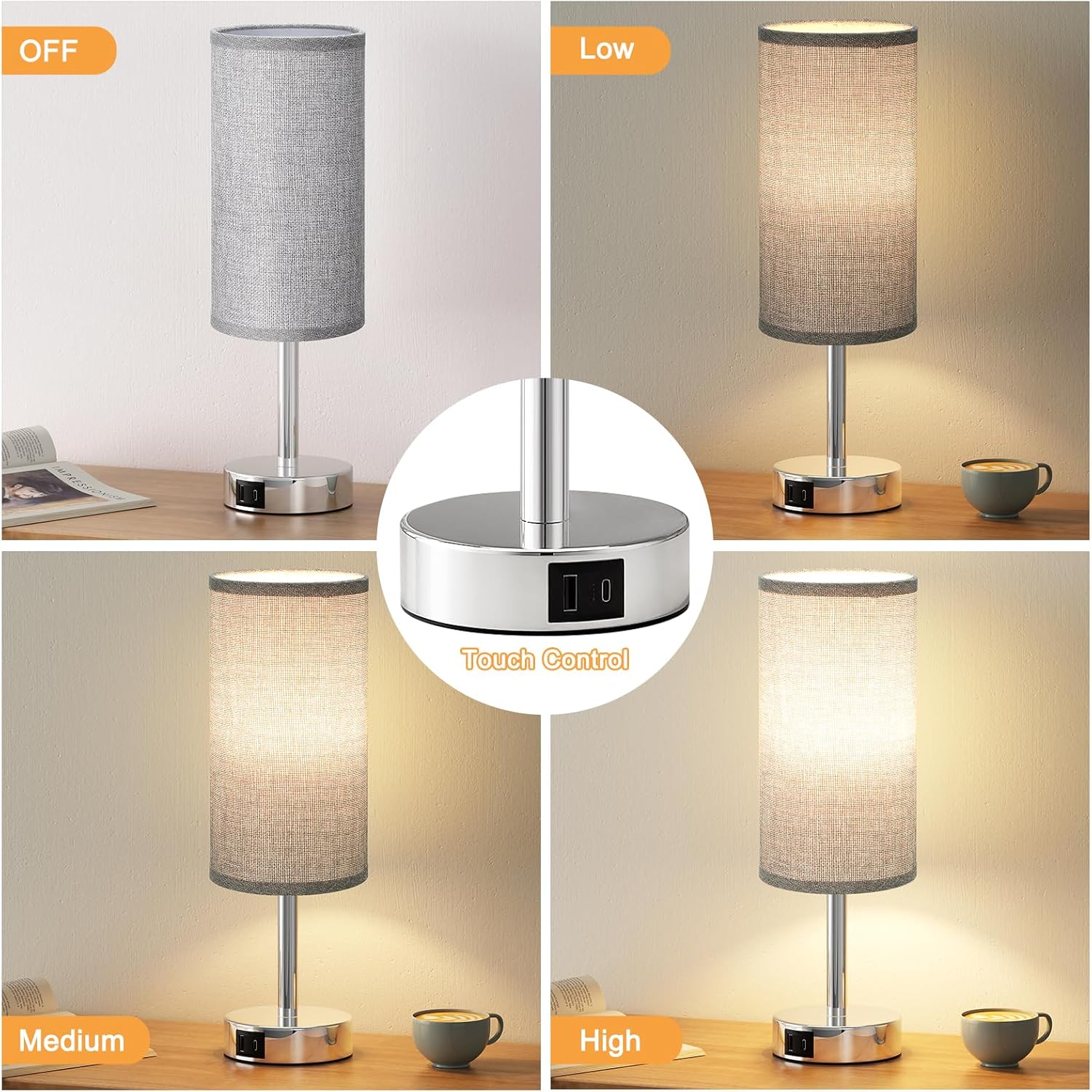Thumbnail 1 de PreeOtti Grey Bedside Lamp with 3-Way Dimmable Touch Control and Dual USB Ports