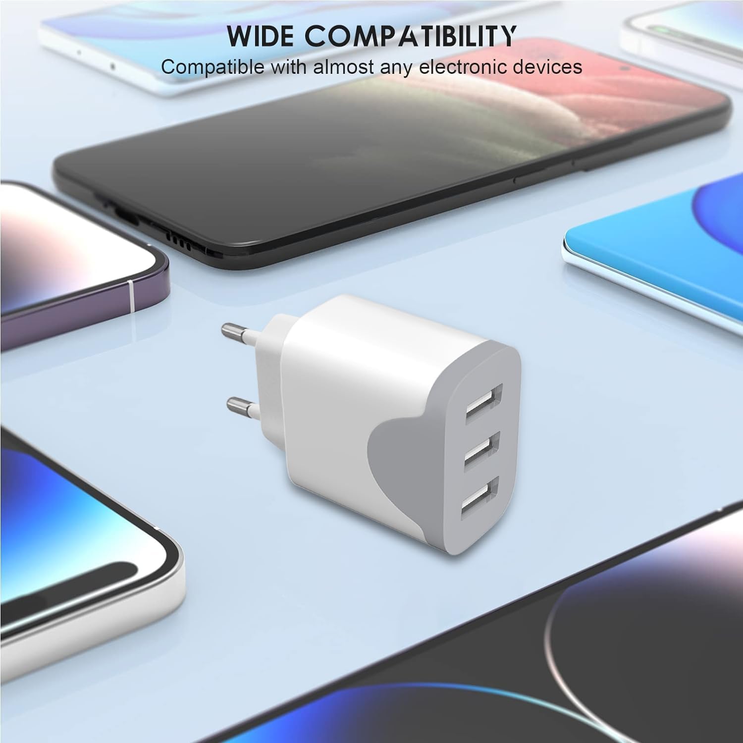 Detalle 2 de Caricatore USB 2Pack a 3 Porte: ricarica rapida e compatibilità universale per iPhone, Galaxy e altro