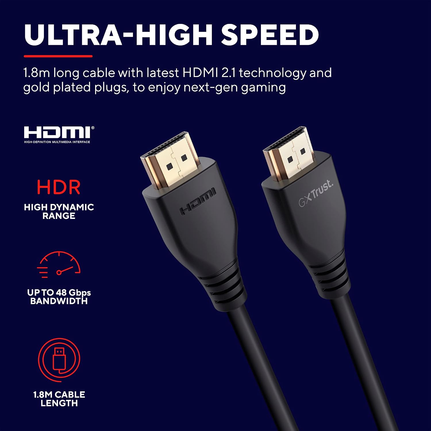 Detalle de Trust Gaming GXT 731 Ruza: Ultraschnelles HDMI 2.1-Kabel (1,8 m) für Next-Gen-Konsolen und PC
