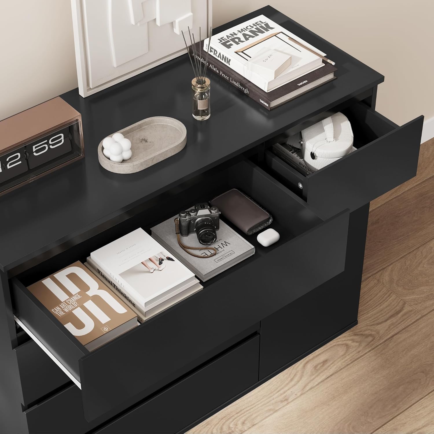 Detalle 1 de FOREHILL M241 Chest of Drawers, Black, 5 Drawers and Door Storage, 100 x 40 x 80 cm
