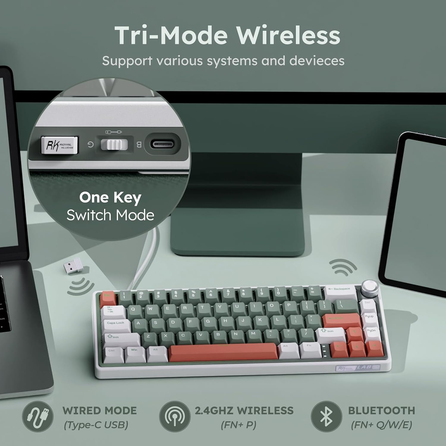 Detalle 2 de RK ROYAL KLUDGE R65 Wireless Mechanical Keyboard with Volume Knob (Cream Switch, 60%, Gasket Mounted)