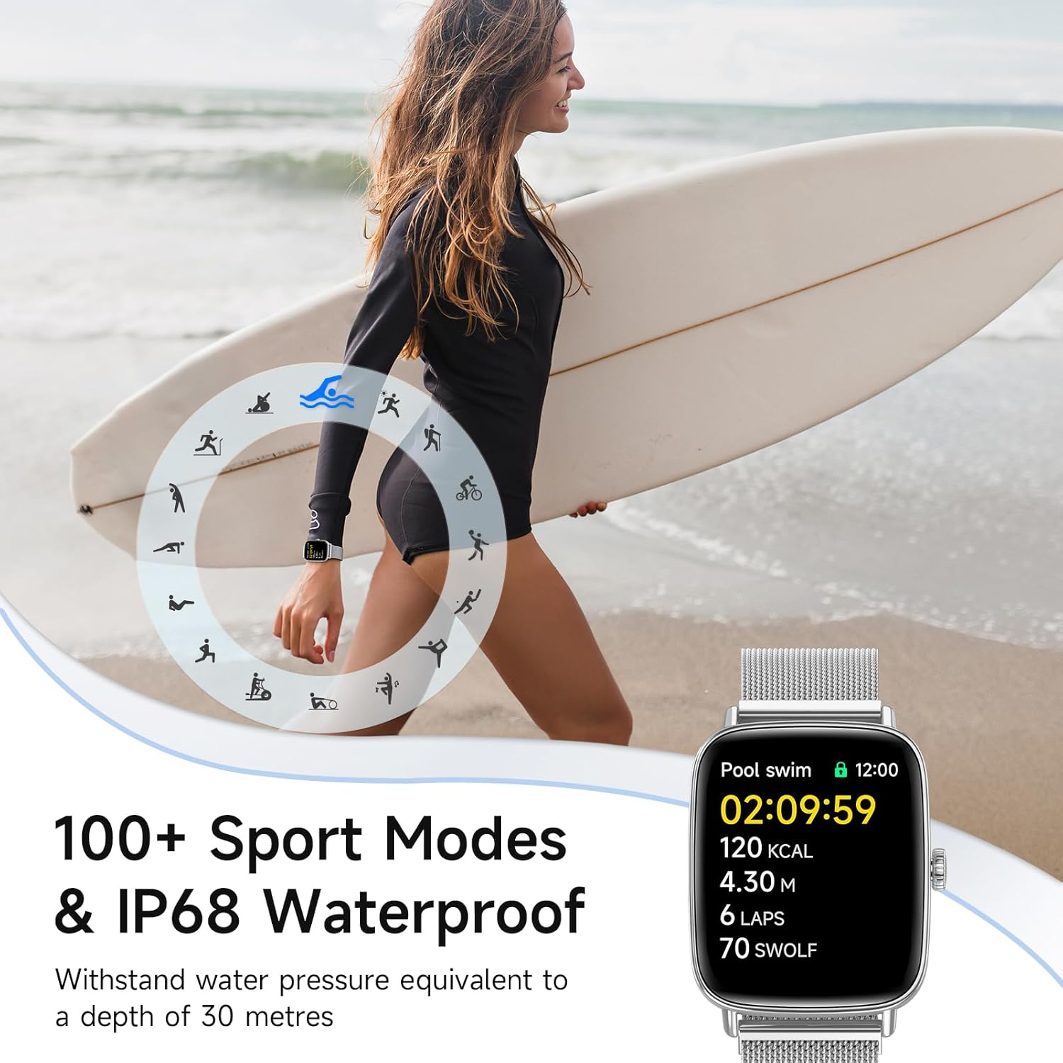 Detalle de AEAC Smart Watch for Men & Women with 1.85" HD Display, 100+ Sport Modes, IP68 Waterproof, and Bluetooth Calls