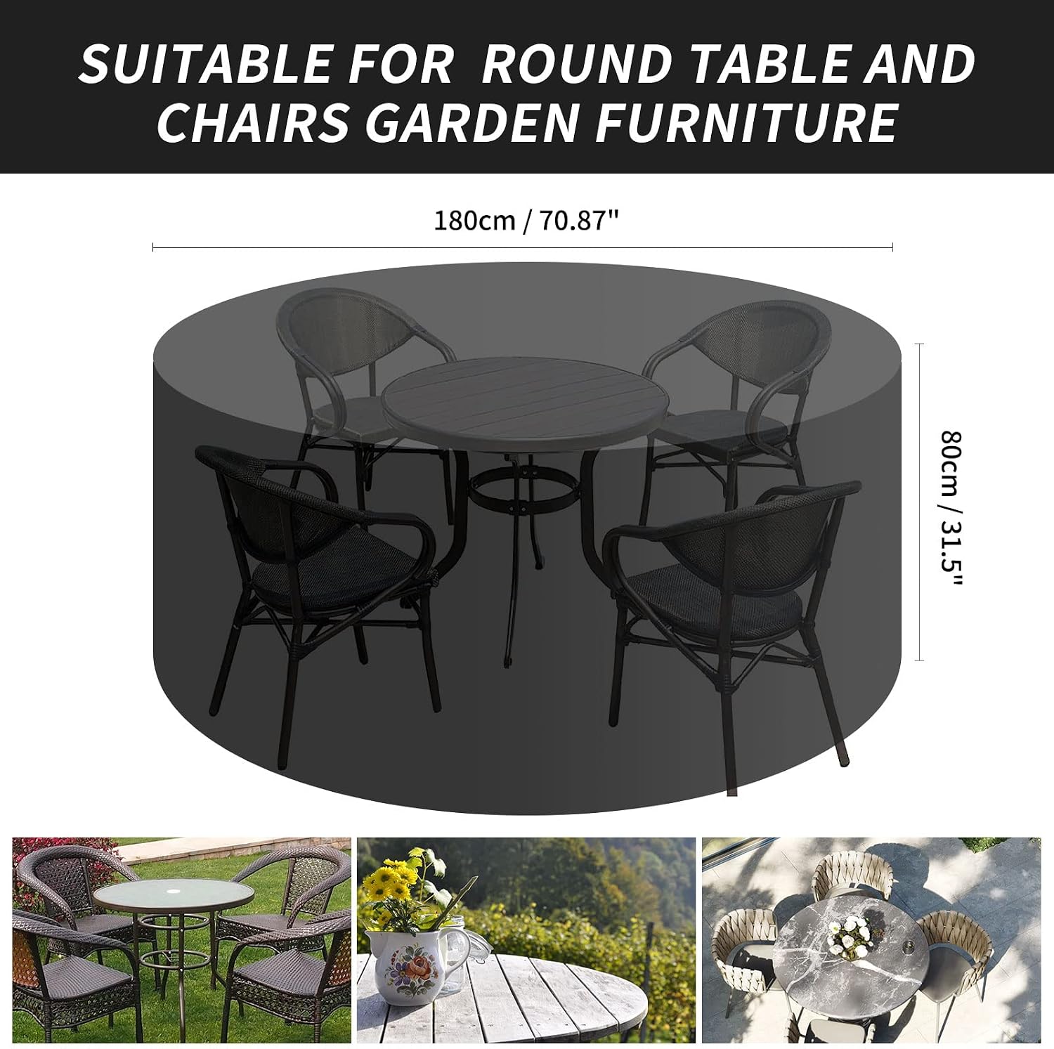 Thumbnail 1 de PATIO PLUS Large Round Garden Table Furniture Cover (420D Oxford Fabric) 180x80cm – Waterproof, Windproof, Anti-UV, Black