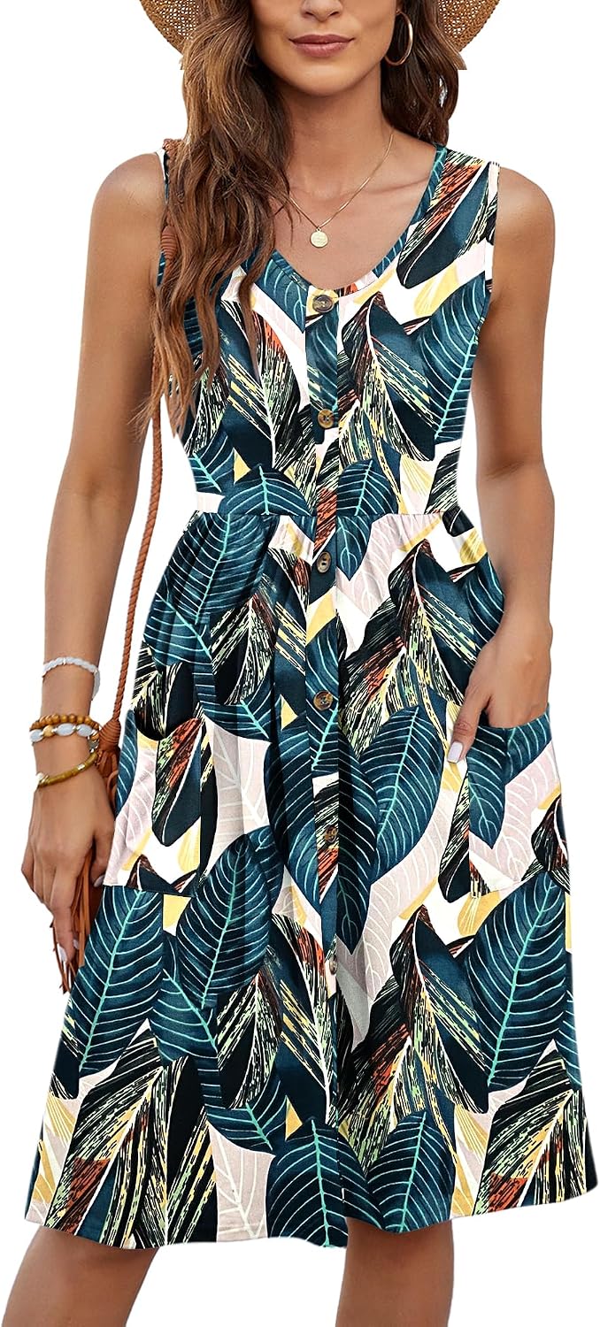 Detalle de MOLERANI Damen Sommerkleid Ärmellos – Midikleid mit Taschen, V-Ausschnitt, lockerem Swing-Look