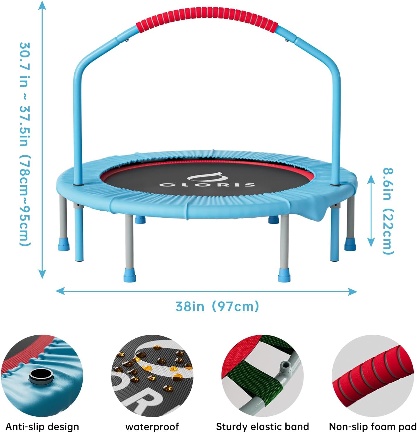 Thumbnail 4 de CLORIS 38in/48in Folding Trampoline – Safe, Portable Rebounder with Adjustable Foam Handle