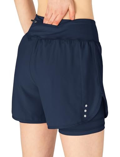 Detalle de DONHOBO Damen 2 in 1 Kurze Hose – Schnell trocknende Laufshorts für Yoga, Training und Fitness (Navy, L)