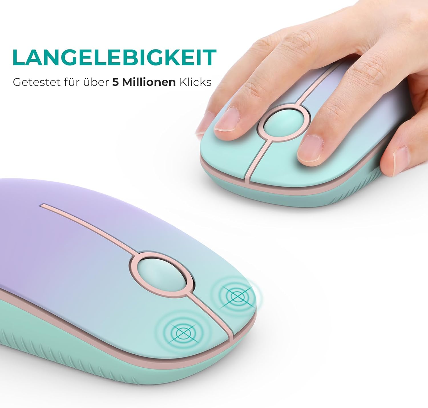 Detalle de Seenda kabellose Maus 2,4G, 1600 DPI – leise, rechts- und linksseitig nutzbar, 18 Monate Akkulaufzeit (Grün & Lila)