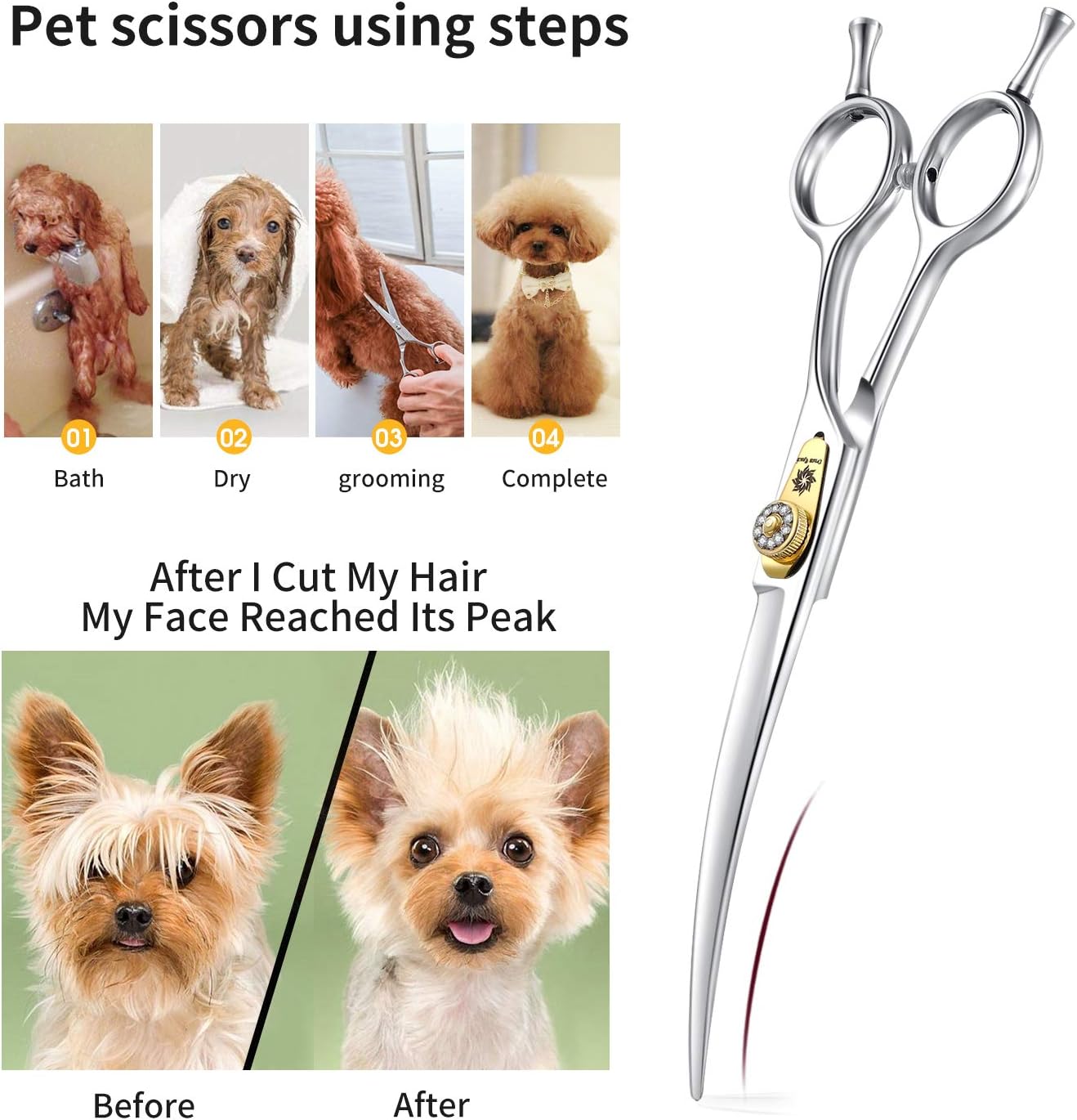 Detalle de Dream Reach Professionelle Fellschere (gebogene 7-Zoll-Schere, 440C Edelstahl) für Hund & Katze