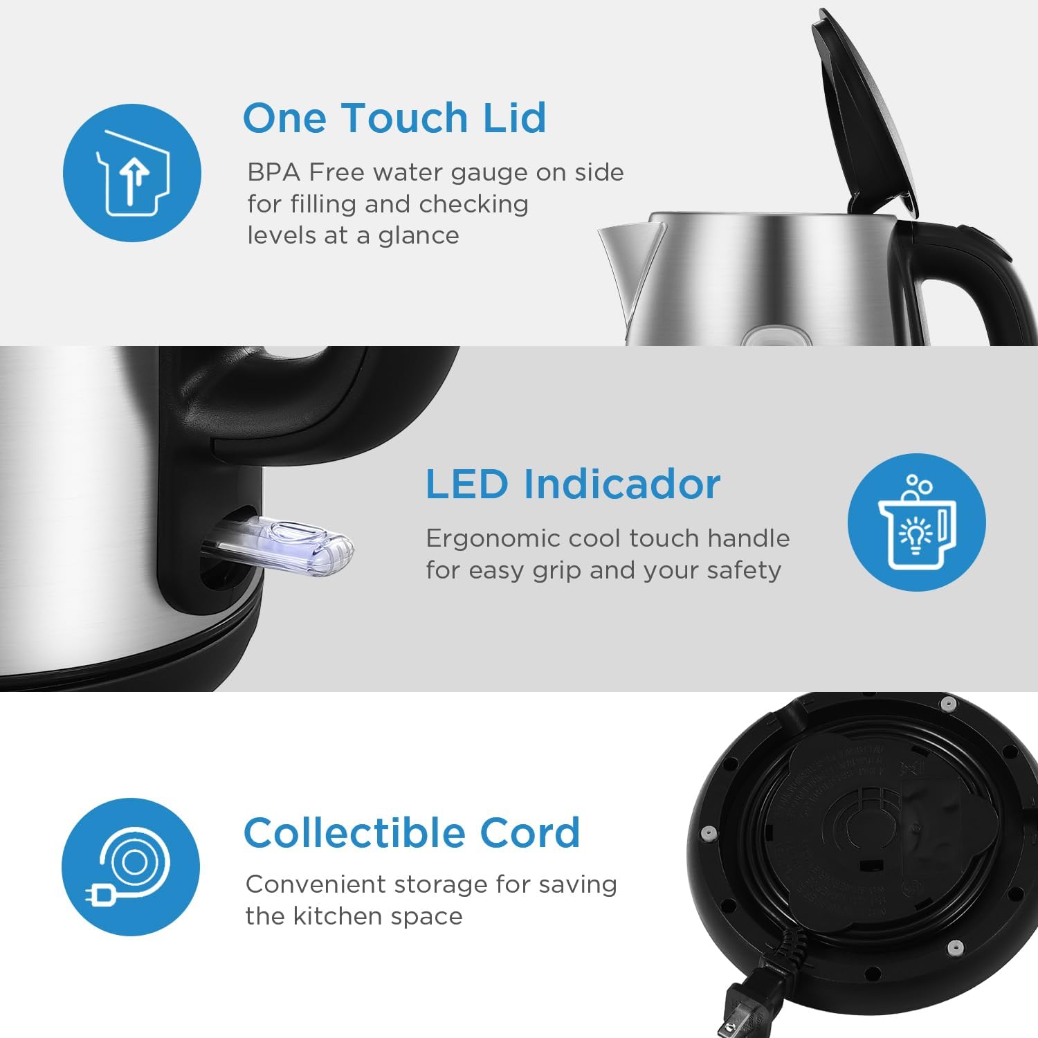 Thumbnail 6 de Midea Electric Kettle 3000W Fast Boil 1.7L Stainless Steel with LED Indicator & Removable Filter