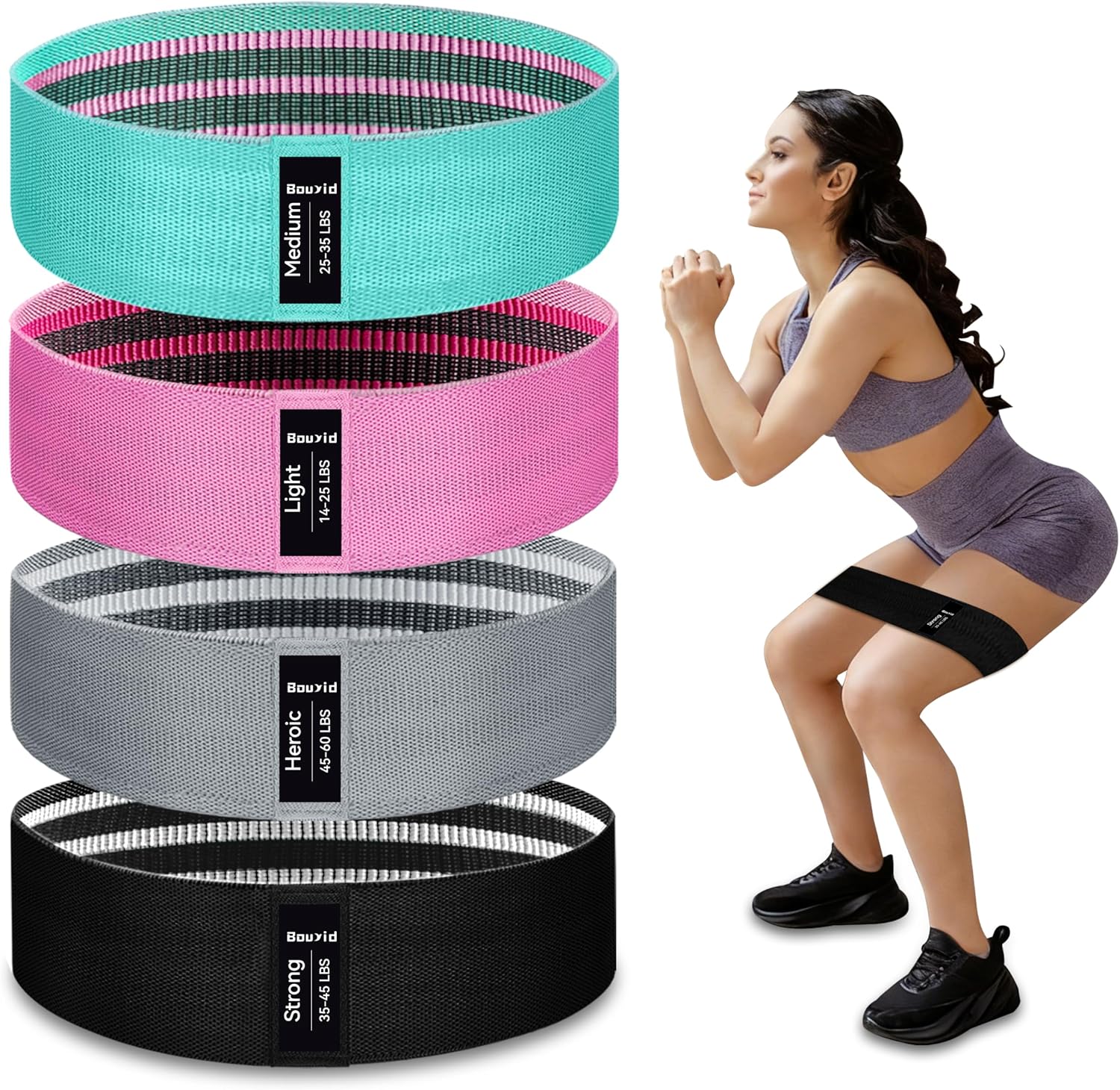 Detalle de Bourid 4 packs Fabric Resistance Bands, 4 Levels for Leg Training