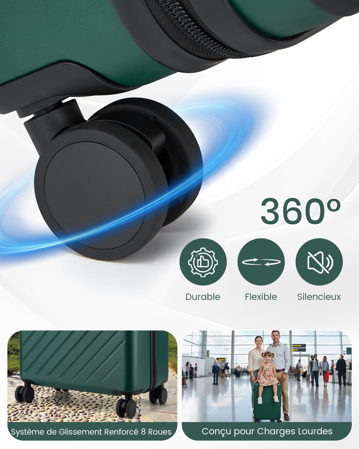 Detalle de Kono Valise Soute 66,5 × 45,5 × 25 cm – 61 L, ABS+PC, Roues silencieuses 360°, Serrure extérieure – Vert/Noir