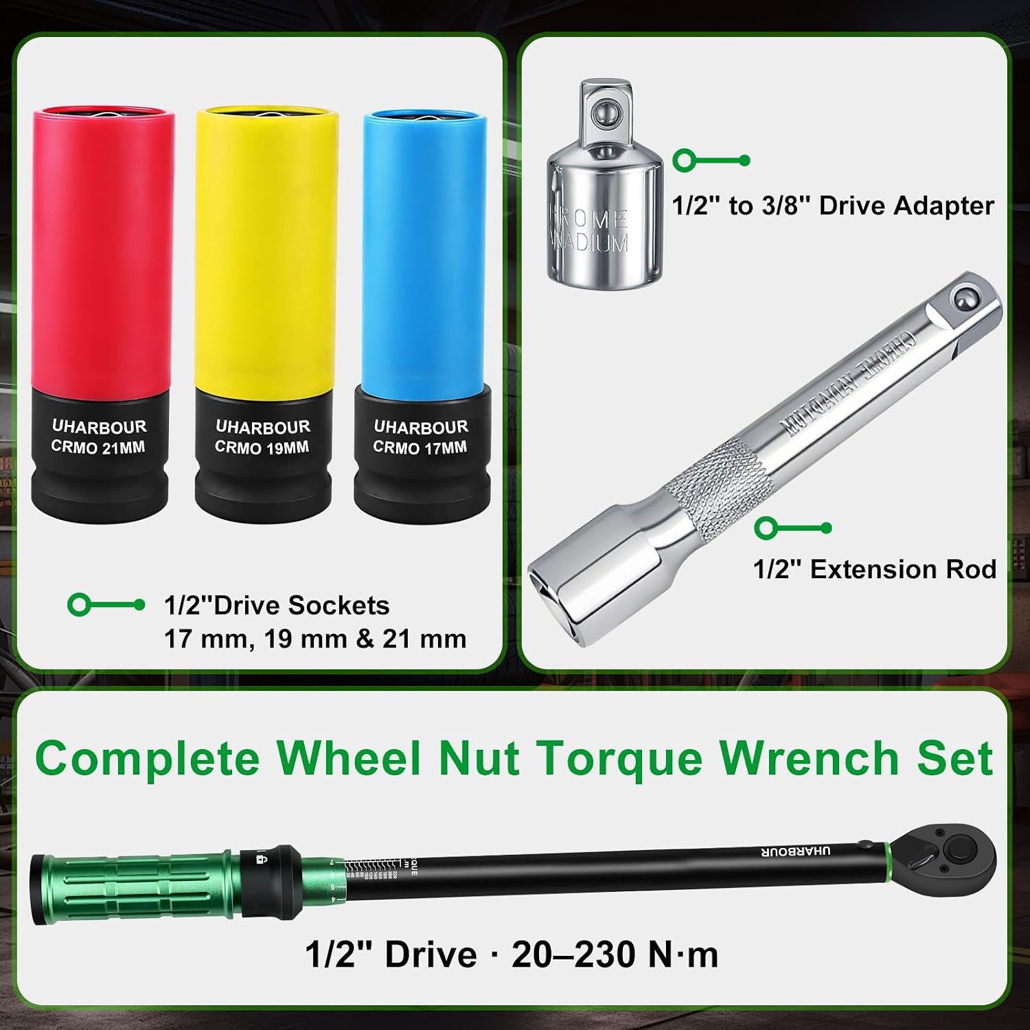 Thumbnail 1 de Uharbour Torque Wrench 1/2" Set (20–230 Nm) with three impact sockets for lug nuts