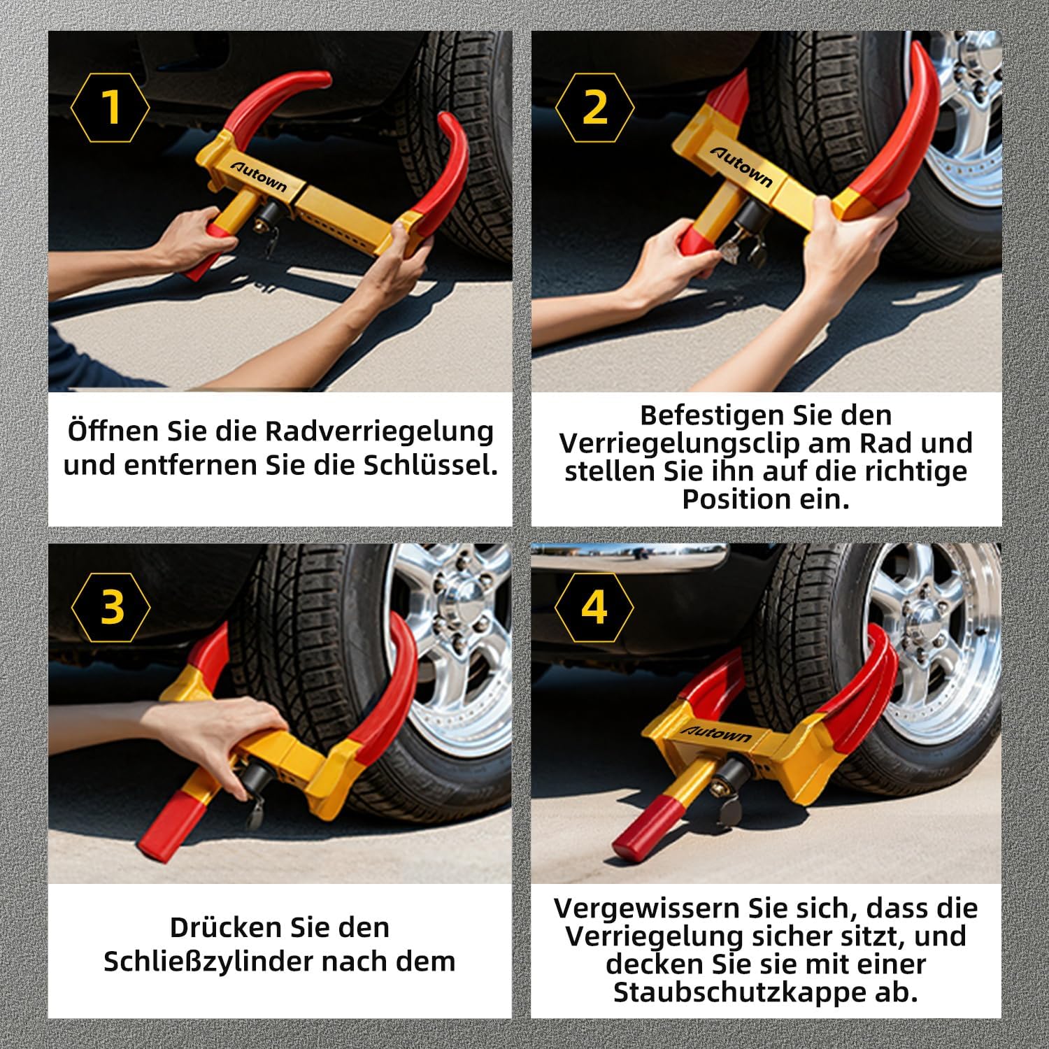 Thumbnail 6 de AUTOWN Parkkralle Radkralle mit Hochsicherheitsschloss | 18–30 cm, Gelb/Rot, 3 Schlüssel