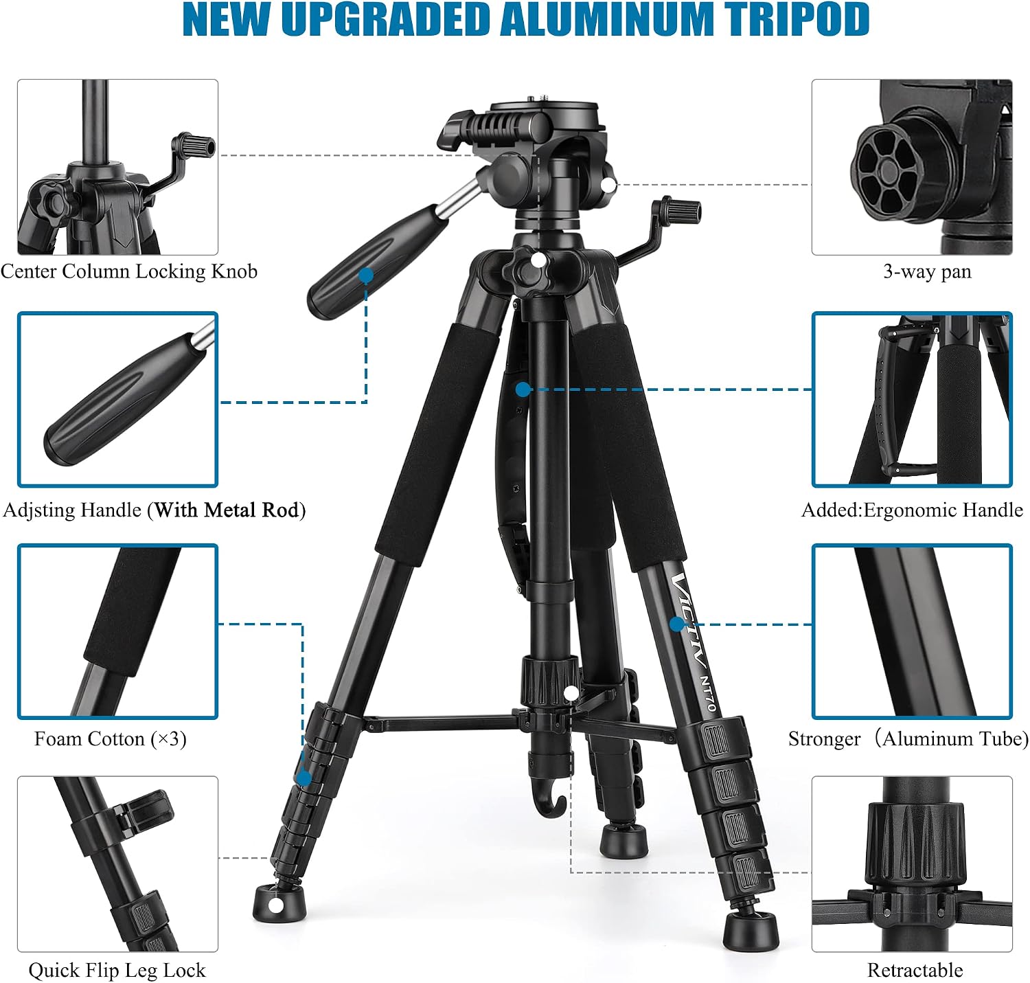 Detalle 2 de VICTIV 74” Camera Tripod with Phone Holder: Versatile Tall & Compact Stand