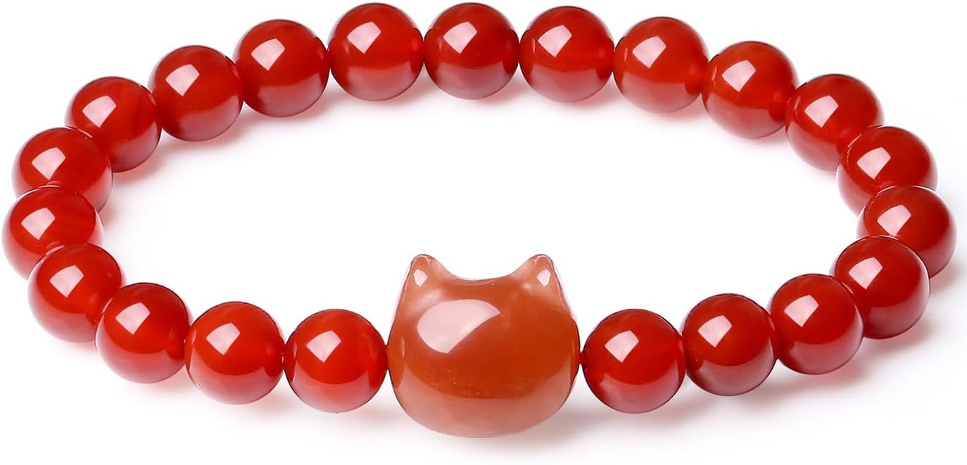 Detalle de XIANNVXI Katzen Armband Damen – Kristallkarneol 8 mm, elastisch, Glücksvögeleinspiriertes Katzenmuster