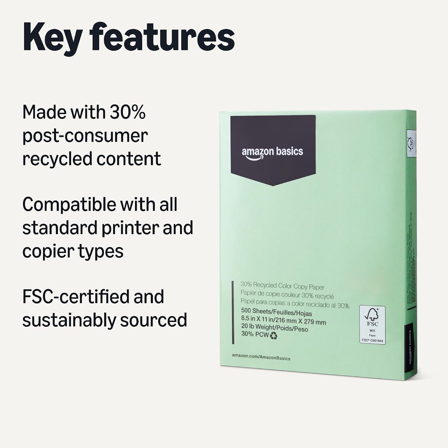 Detalle 2 de Amazon Basics Color Copy Paper, 30% Recycled, 8.5 x 11, 20 lb, Green Pastel, 500 Sheets