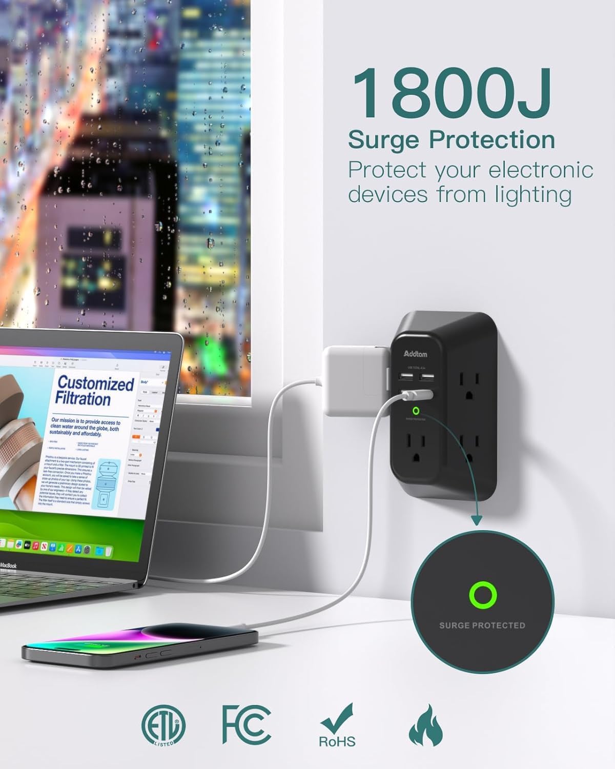 Detalle 2 de Addtam AD5004 Outlet Extender, 5 AC Outlets, 4 USB Ports, 1800J