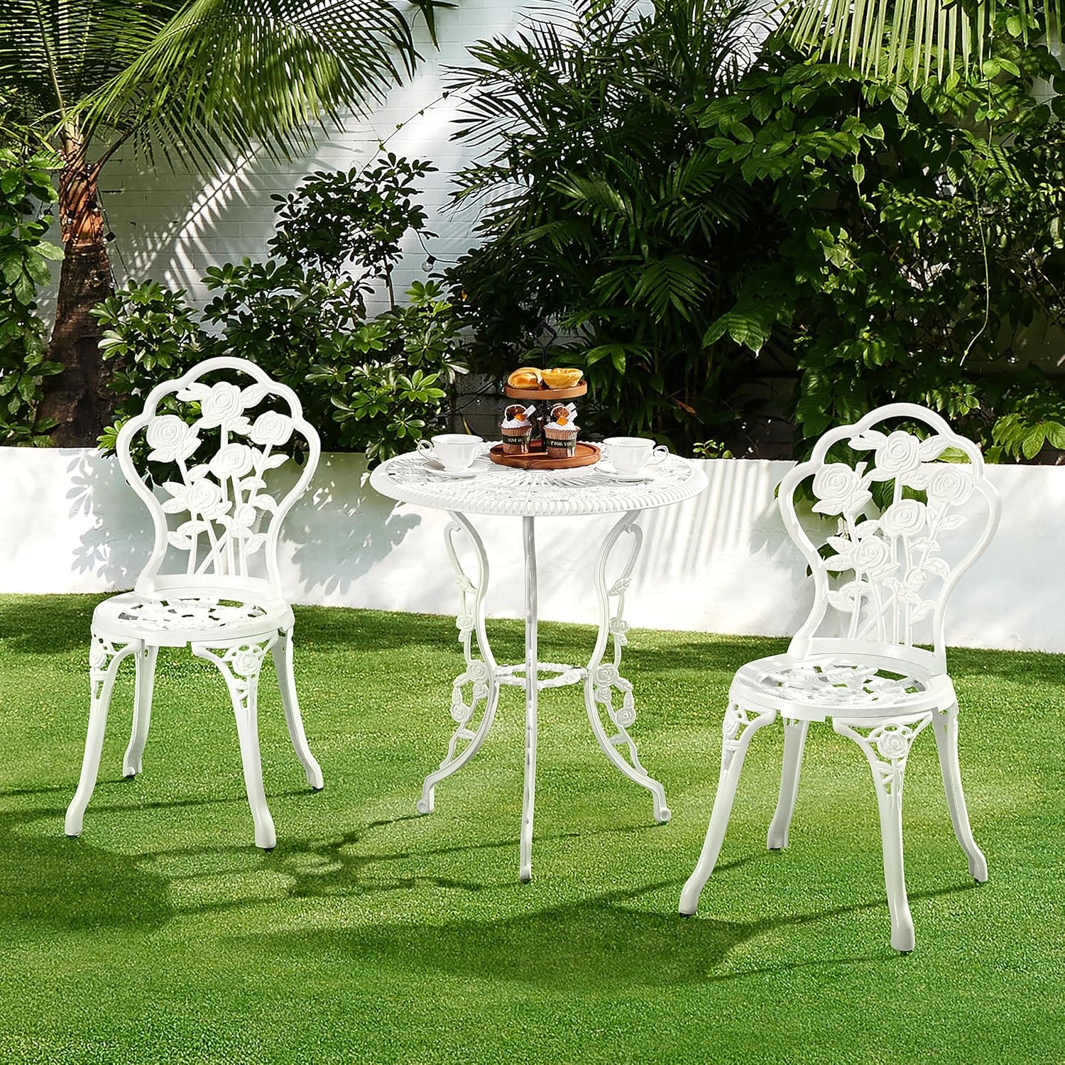Thumbnail 3 de Yaheetech Set Tavolo e Sedie da Giardino 3 pezzi con 2 Sedie Bistrò Veranda – Motivo Rosa Vintage in Alluminio Bianco