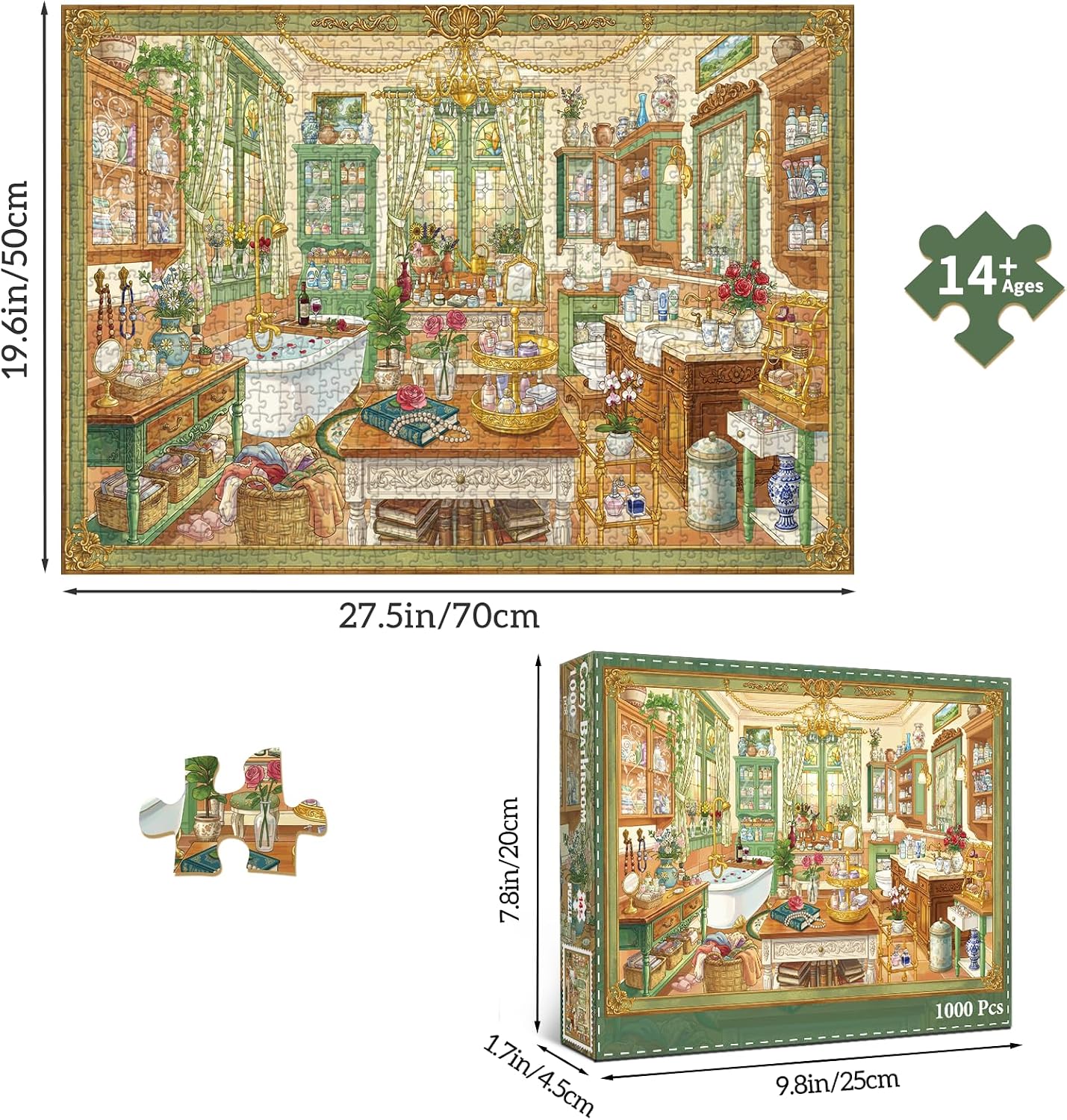Detalle de HUADADA 1000-Teile Puzzle Vintage Badezimmer – mattes Öldruck, augenschonend, staubfrei, 70 × 50 cm