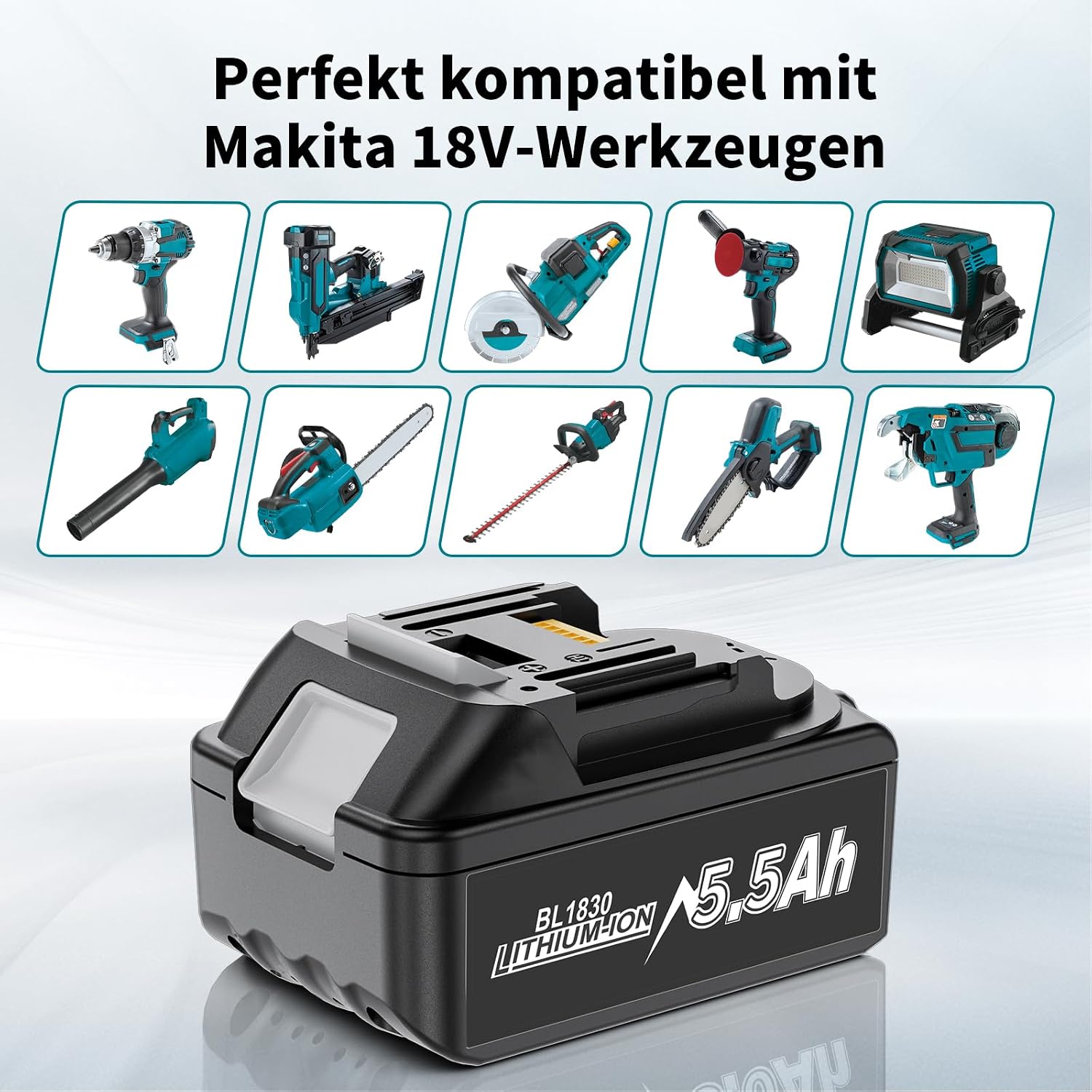 Detalle de 2 x 5500 mAh Makita 18V Ersatzakku – robustes Hochkapazitäts-Upgrade mit LED-Anzeige