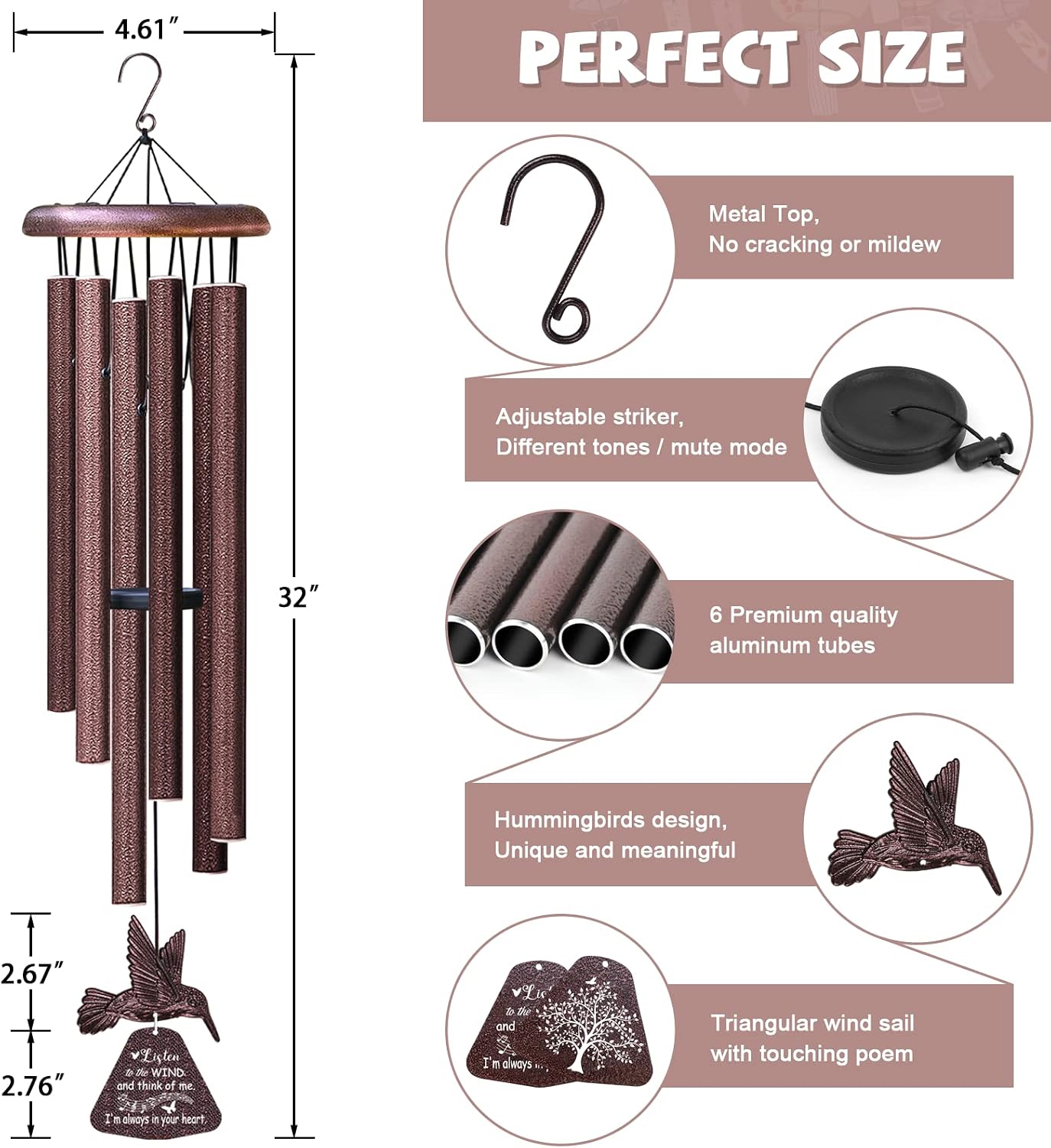 Detalle 2 de Synhonty A01 Memorial Wind Chime with Hummingbird, 32-Inch Aluminum Tubes