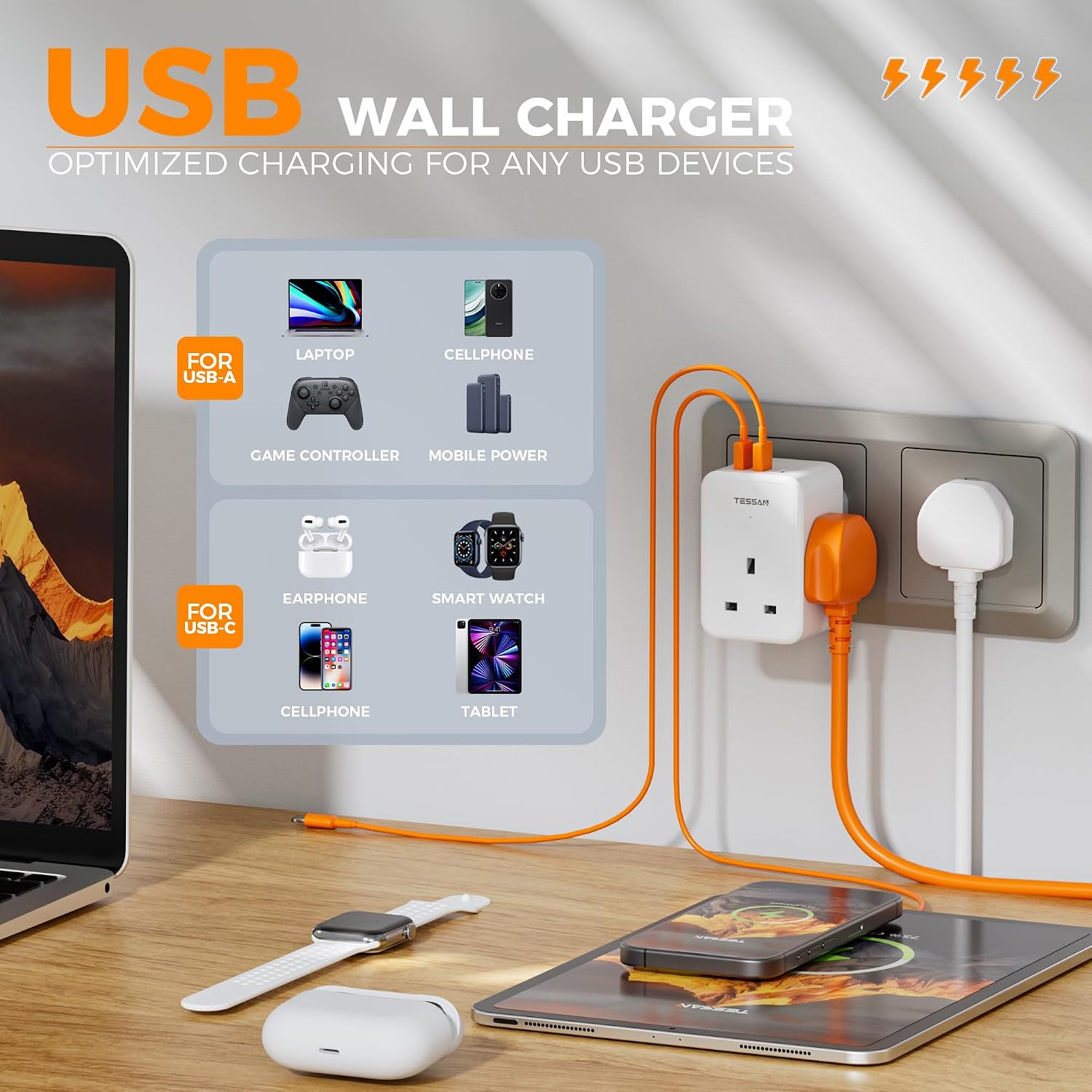 Detalle 2 de TESSAN 3‑way USB plug adaptor with USB ports 🔌
