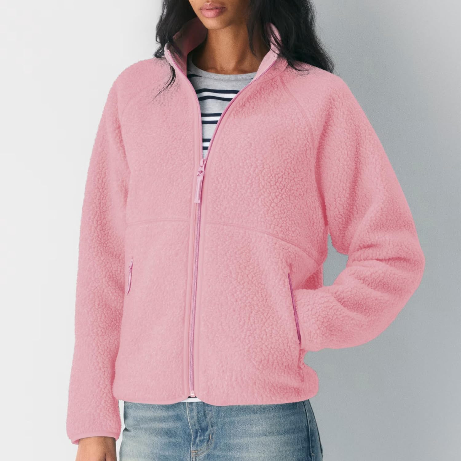 Detalle 2 de Hixiaohe Women's Fuzzy Fleece Sherpa Jacket, Full-Zip with Stand Collar