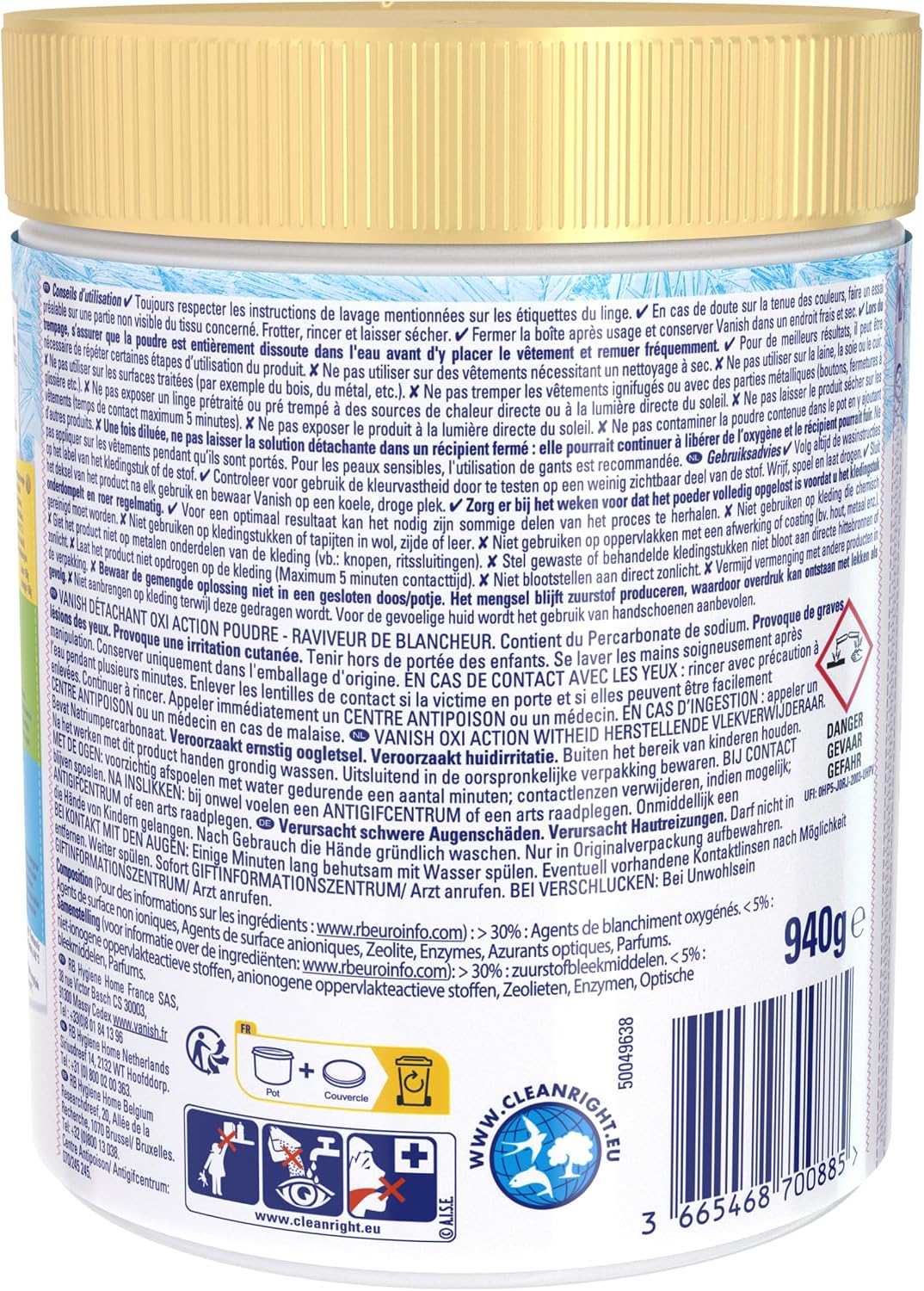 Detalle de Vanish Oxi Action Booster de Blancheur (Blancheur) – Poudre détachante textile et raviveur de blanc, 940 g