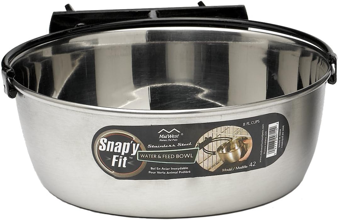 MidWest Snap'y Fit Stainless Steel Bowl for Crates – 1.9 L, No-Tip, Rust-Resistant for Large Dogs and Cats