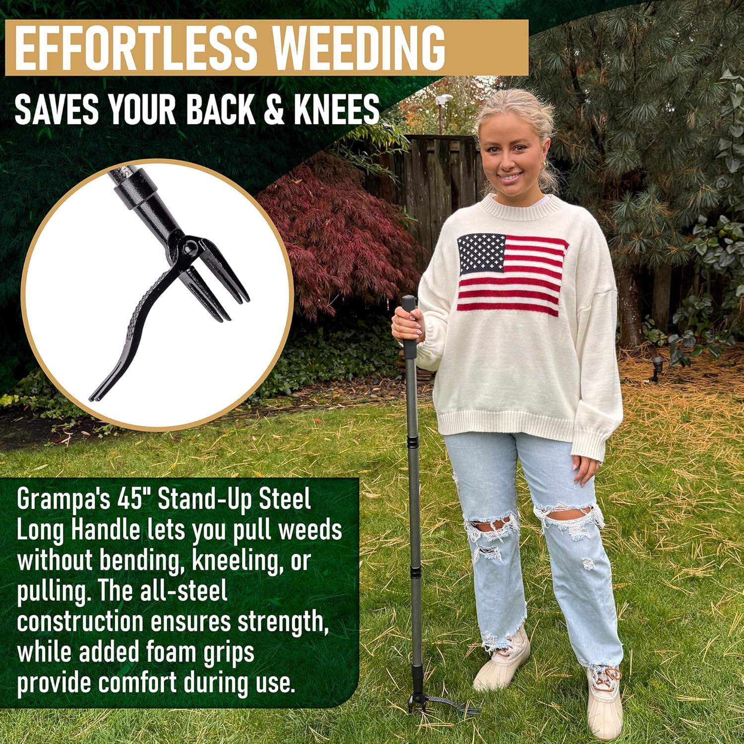 Detalle de Grampa's Weeder Grampa's Metal Weeder Stand-Up Weed Puller Tool (All-Steel, 45-inch handle, 4-claw head)