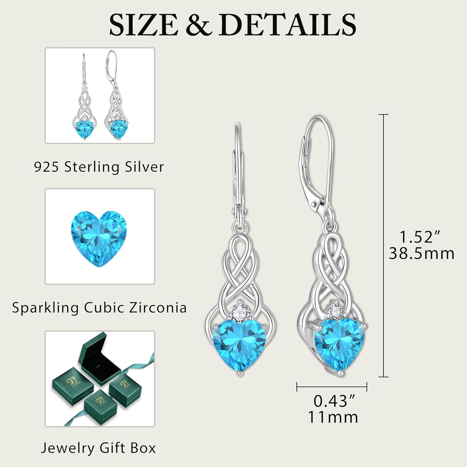 Thumbnail 5 de FJ Infinity Celtic Knot Earrings in 925 Sterling Silver with Birthstone & Cubic Zirconia Drop Detail