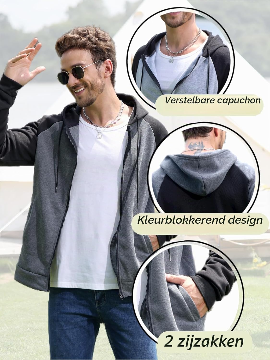 Detalle 2 de YawYews herenhoodie met rits, fleecevoering en capuchon