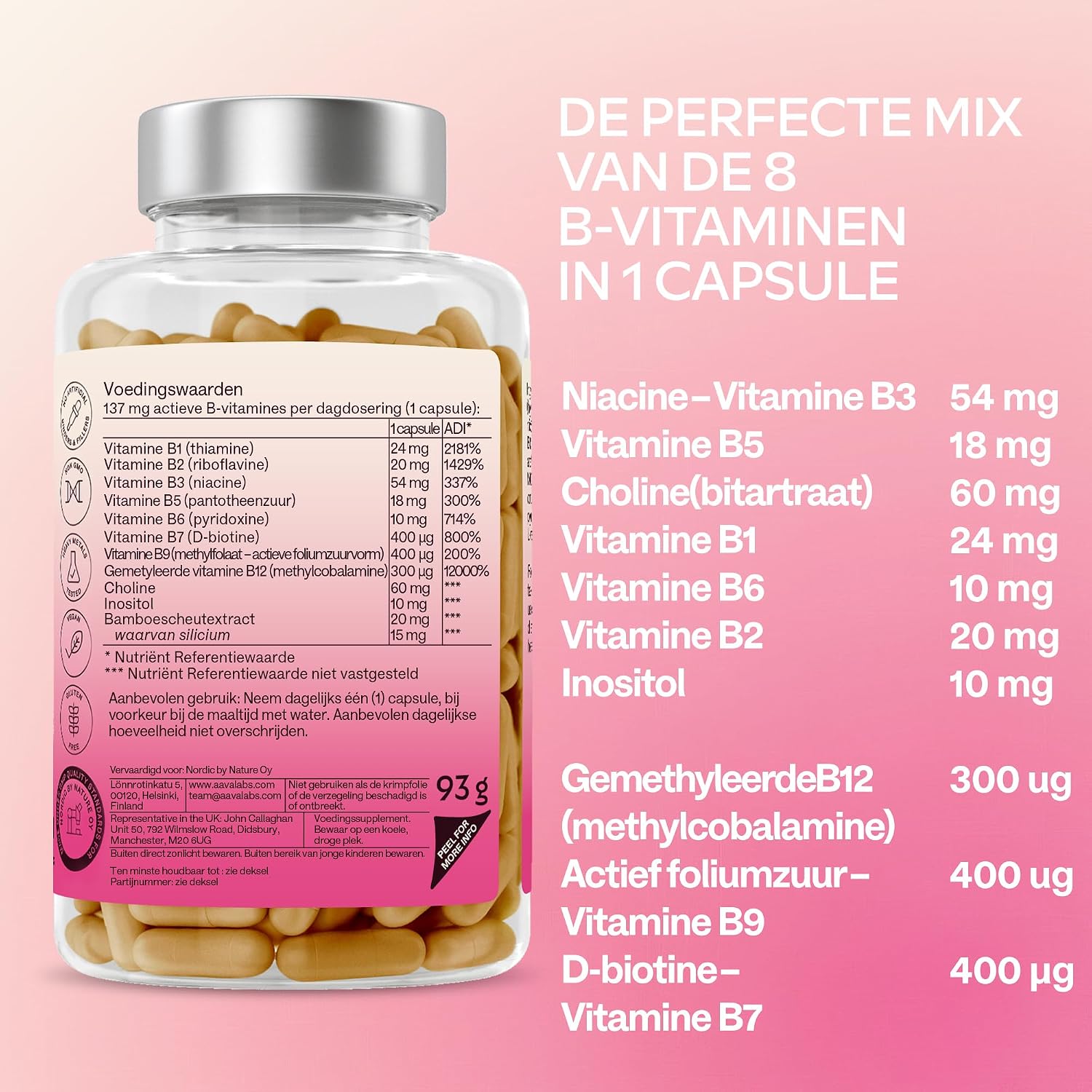 Detalle 1 de AAVALABS Vitamine B-complex capsules, 180 stuks, veganistisch