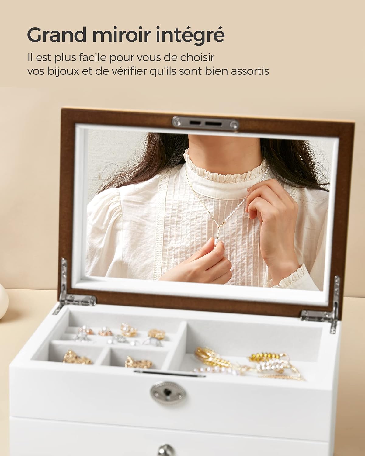 Thumbnail 3 de Songmics Boîte à Bijoux 3 Niveaux – Coffret en bois d'ingénierie avec miroir et Tiroirs (JOW15WN)