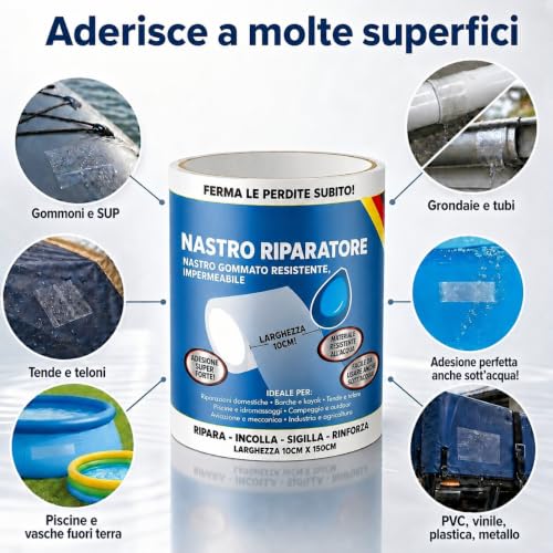 Detalle de ATG Ripara piscina sott’acqua – nastro sigillante trasparente 10×150 cm, sigilla perdite senza svuotare