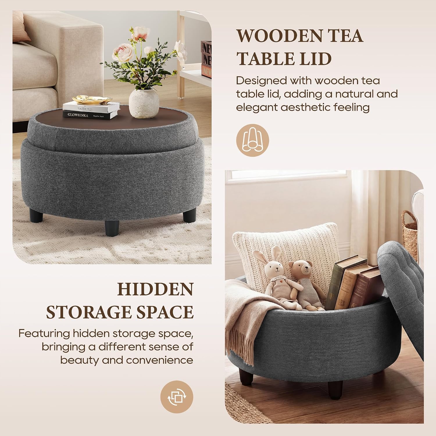 Thumbnail 2 de COLAMY VC-K311-DGY-FB Round Storage Ottoman with Reversible Tray Lid, Dark Grey