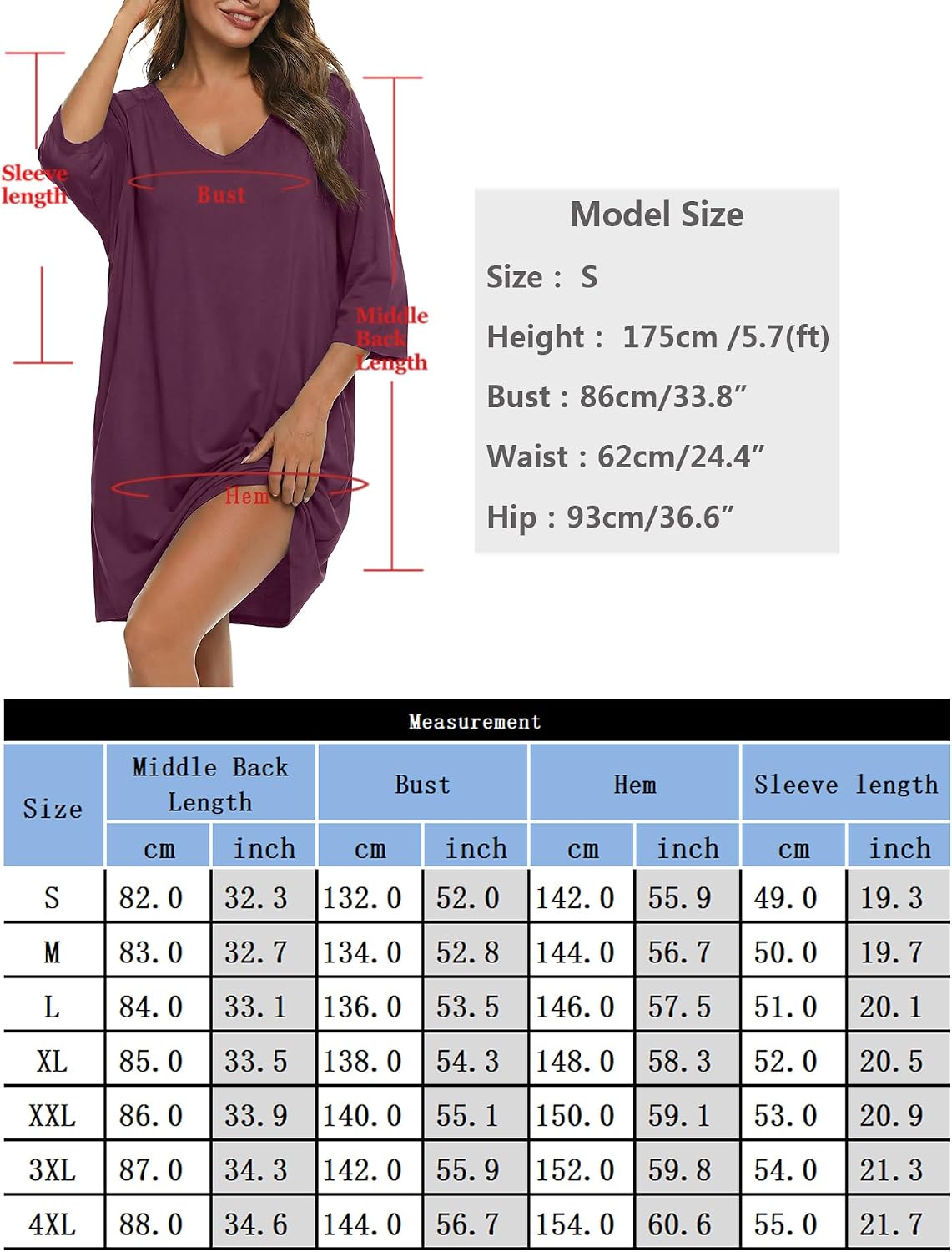 Detalle 2 de Bresdk Chemise de Nuit Femme en Coton Oversize avec Poches – Col en V, Manches 3/4, Grande Taille S à 4XL