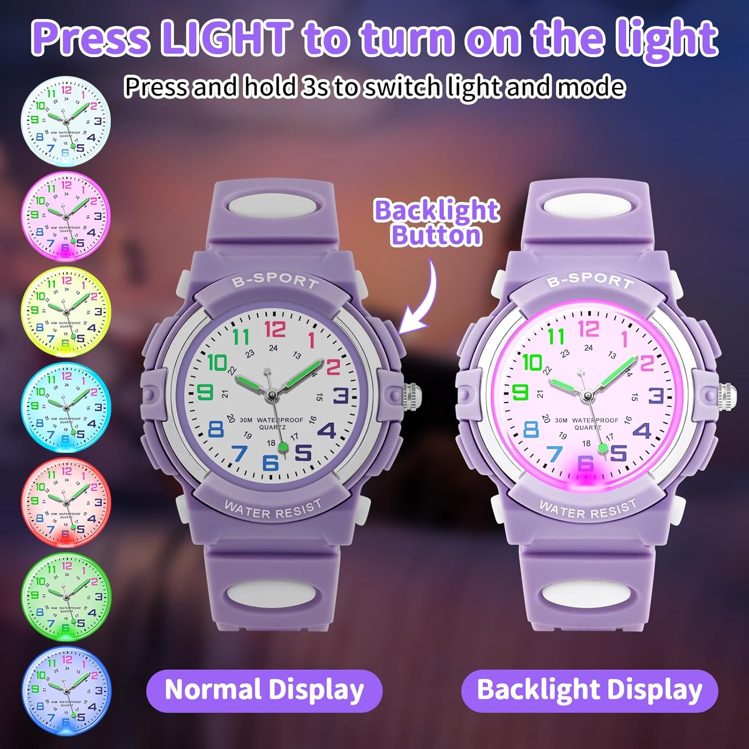 Detalle 2 de DTKID Montre Enfant – 7 LEDs colorées, étanche 30 m, adaptée aux enfants de 5 à 15 ans
