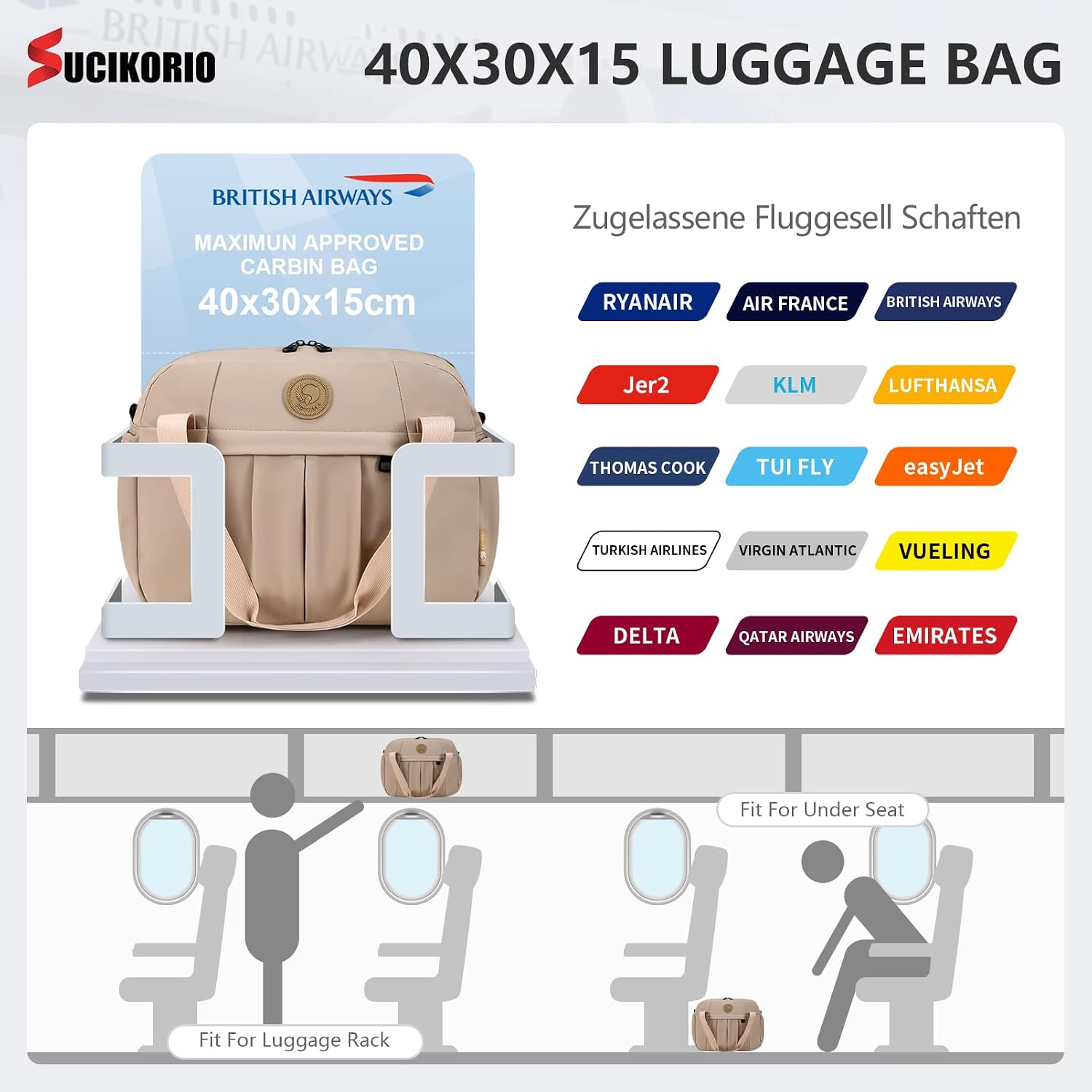 Detalle 2 de SUCIKORIO borsa da viaggio impermeabile 40x30x15 cm, 18L – bagaglio a mano con tasca bagnata