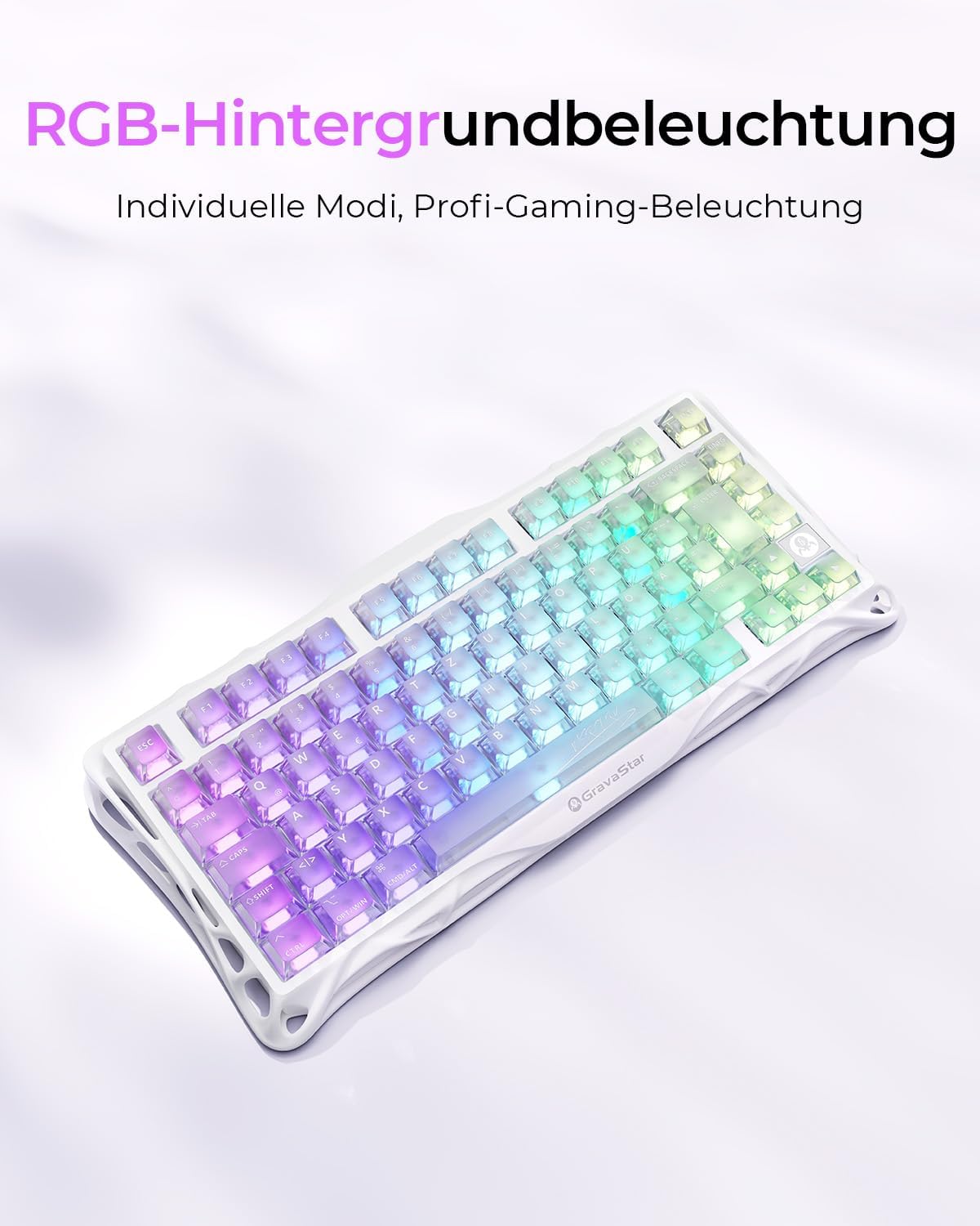 Detalle 2 de GravaStar Mercury K1 Lite 75% Gaming Tastatur – QWERTZ, Drahtlos Tri-Mode, RGB Crystal Aurora