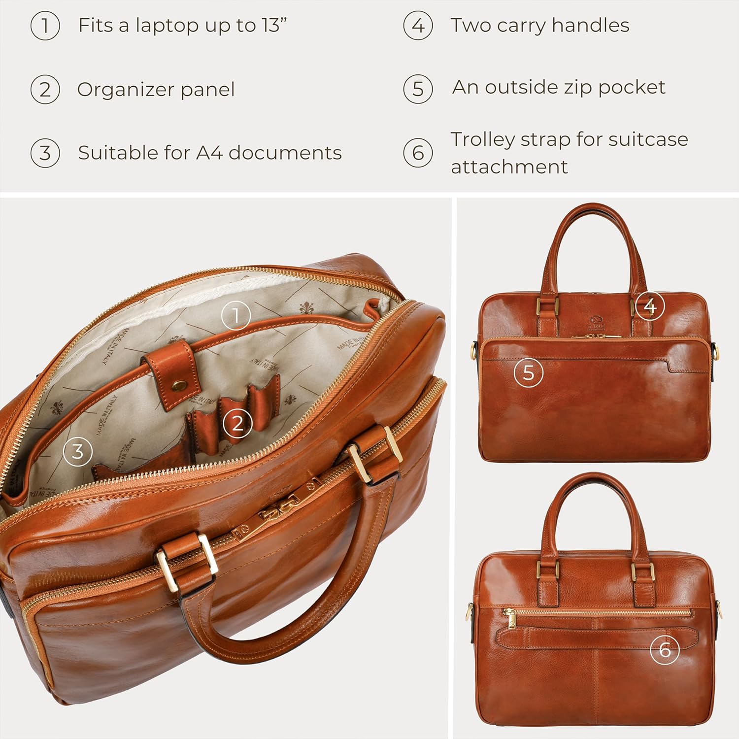 Thumbnail 5 de Time Resistance Leather Laptop Bag – 13 inch Leather Briefcase in Cognac Brown