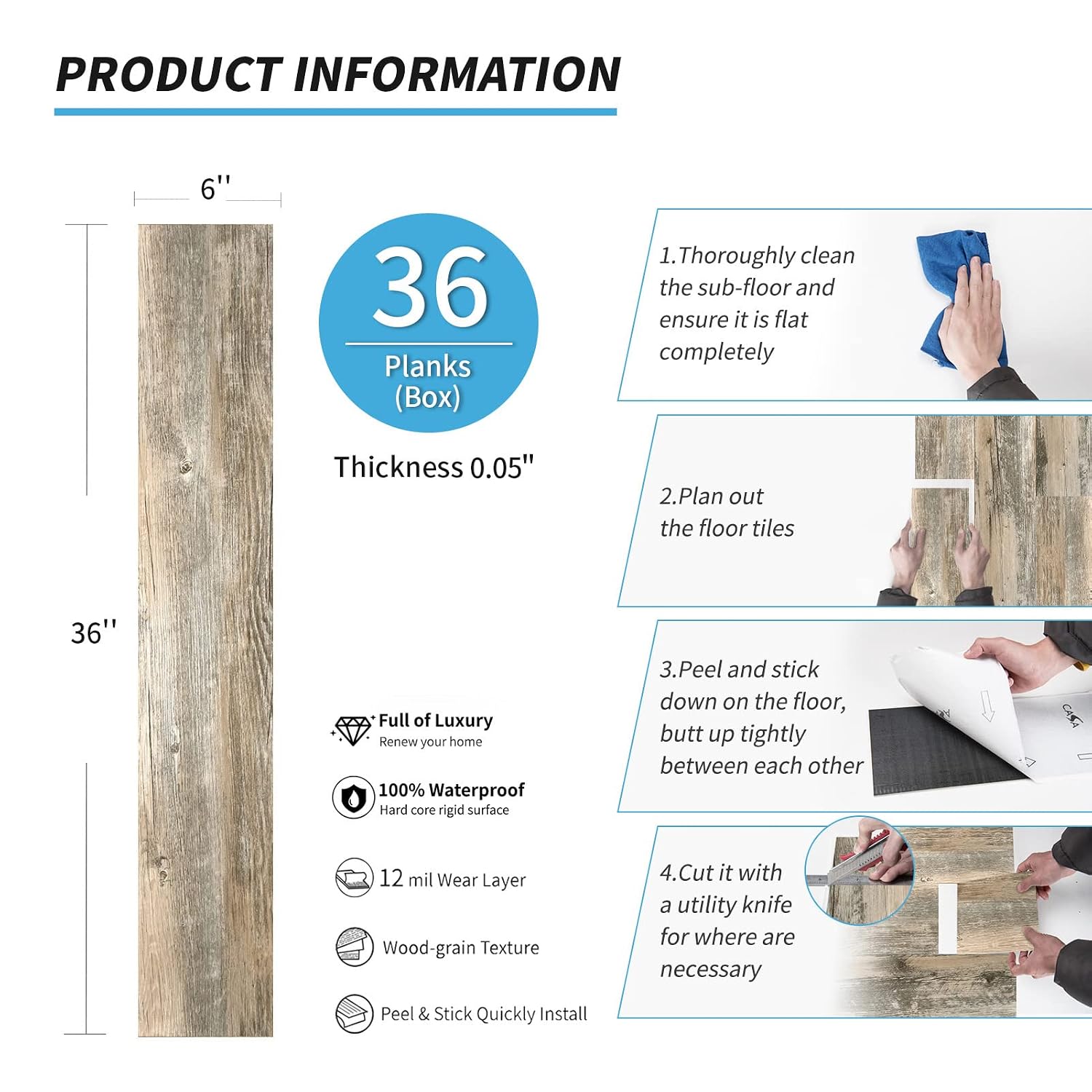 Thumbnail 5 de Art3d A43204 Peel-and-Stick Floor Tiles, Old Wood Look, 36-Pack